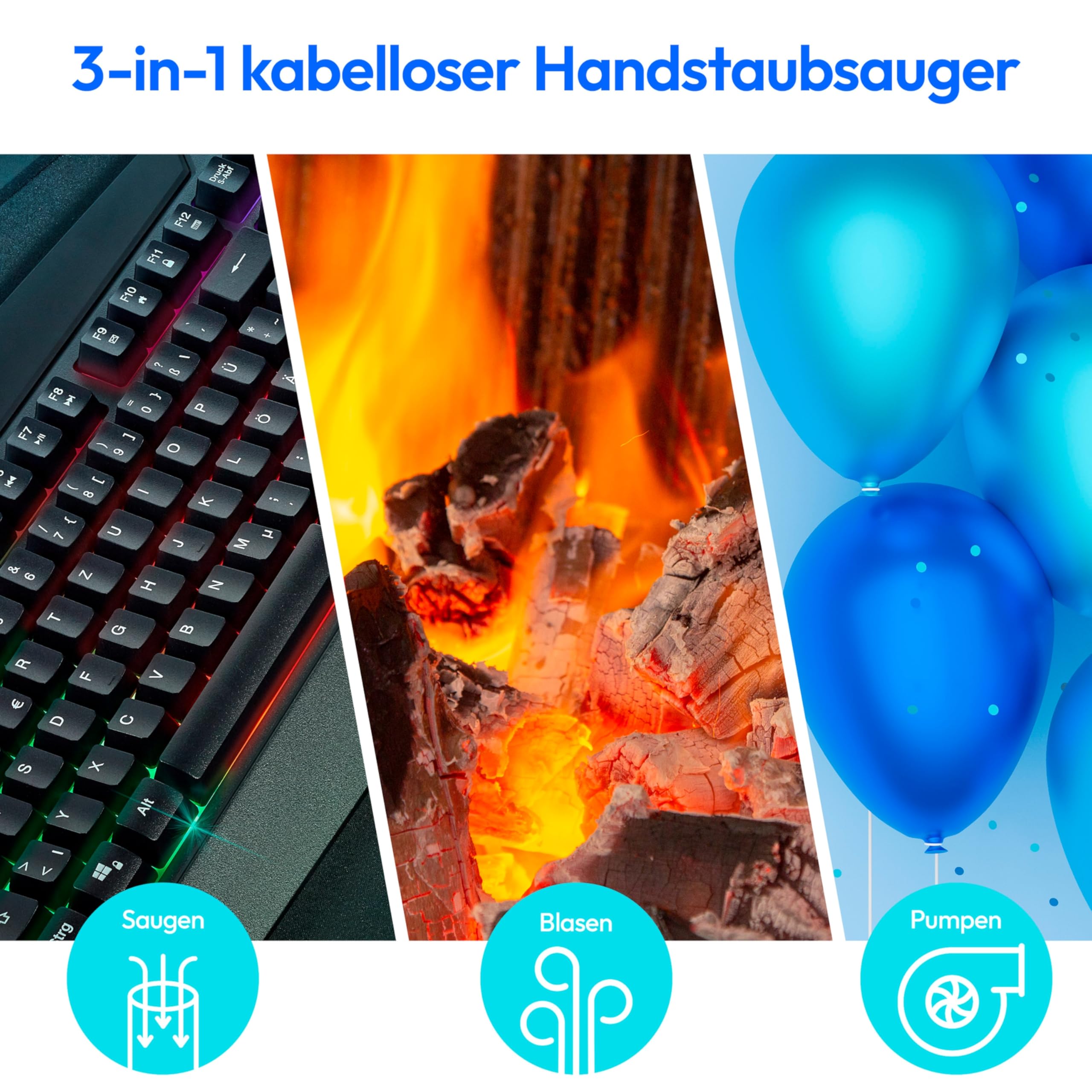 MEDION Handstaubsauger (Akku, kabellos, 3in1 Staubsauger, Luftpumpen und Gebläsefunktion, Starke 5 kPA Saugleistung, Staubbehälter, USB-C, MD19877)