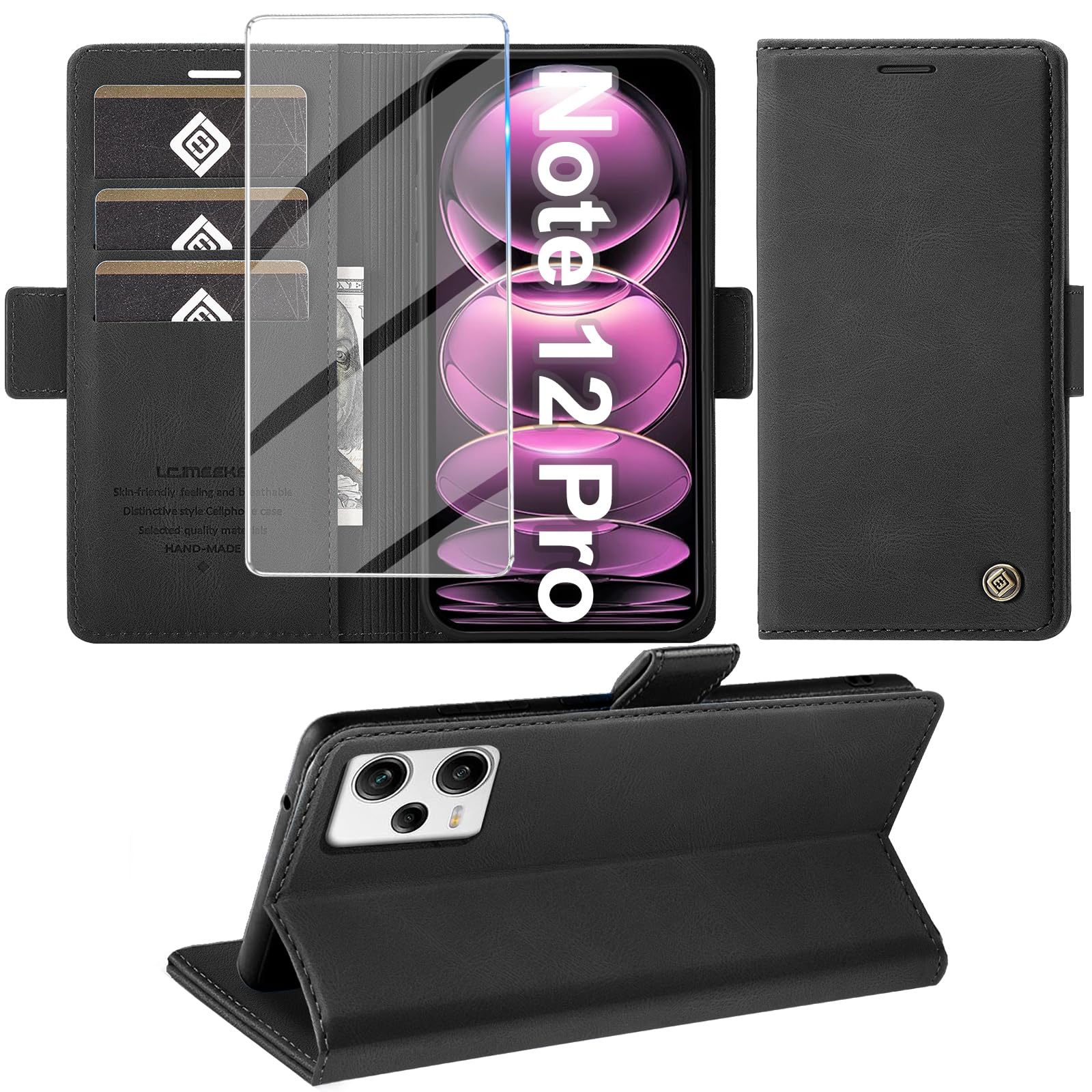 Giyer Handyhülle für Xiaomi Redmi Note 12 Pro 5G Hülle mit Schutzfolie, Schutzhülle PU Leder Wallet Flip Case Ständer Kartenfach Klapphülle (Schwarz)