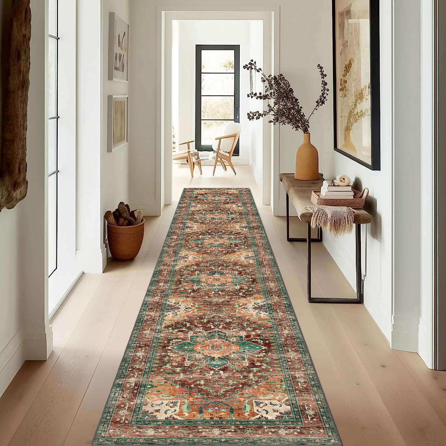 Washable Runner Rug, 2x12 Non-Slip Boho Vintage Hallway Rug Runner with Rubber Backing, Stain Resistant Low Pile Distressed Carpet Runner for Bedroom, Kitchen, Laundry, Entrance