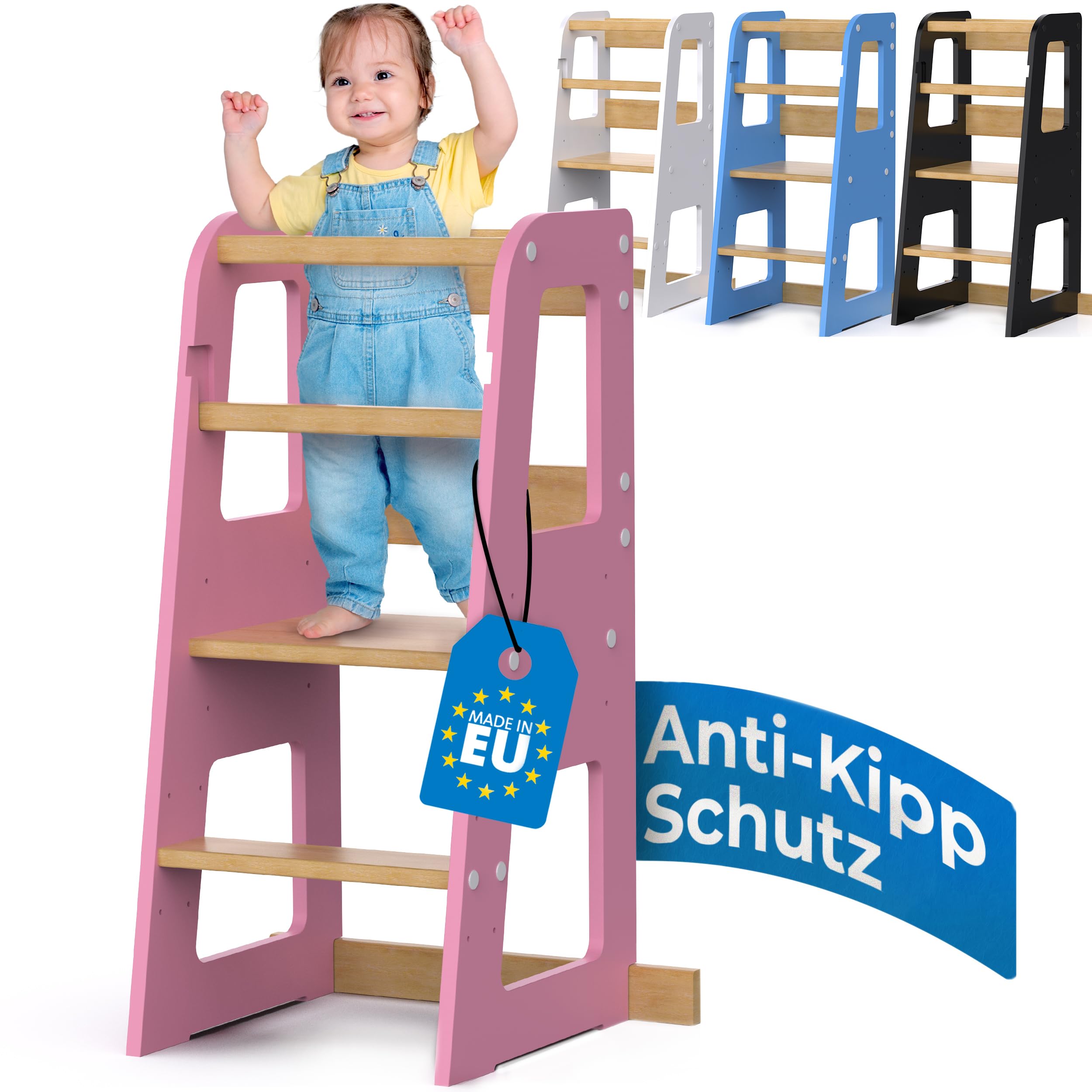 SCHWANFELD Torre de aprendizaje a partir de 1 año (protección antivuelco)- Incluye accesorios de montaje - Torre de aprendizaje Montessori de madera maciza FSC irrompible (hasta 50 kg de carga)