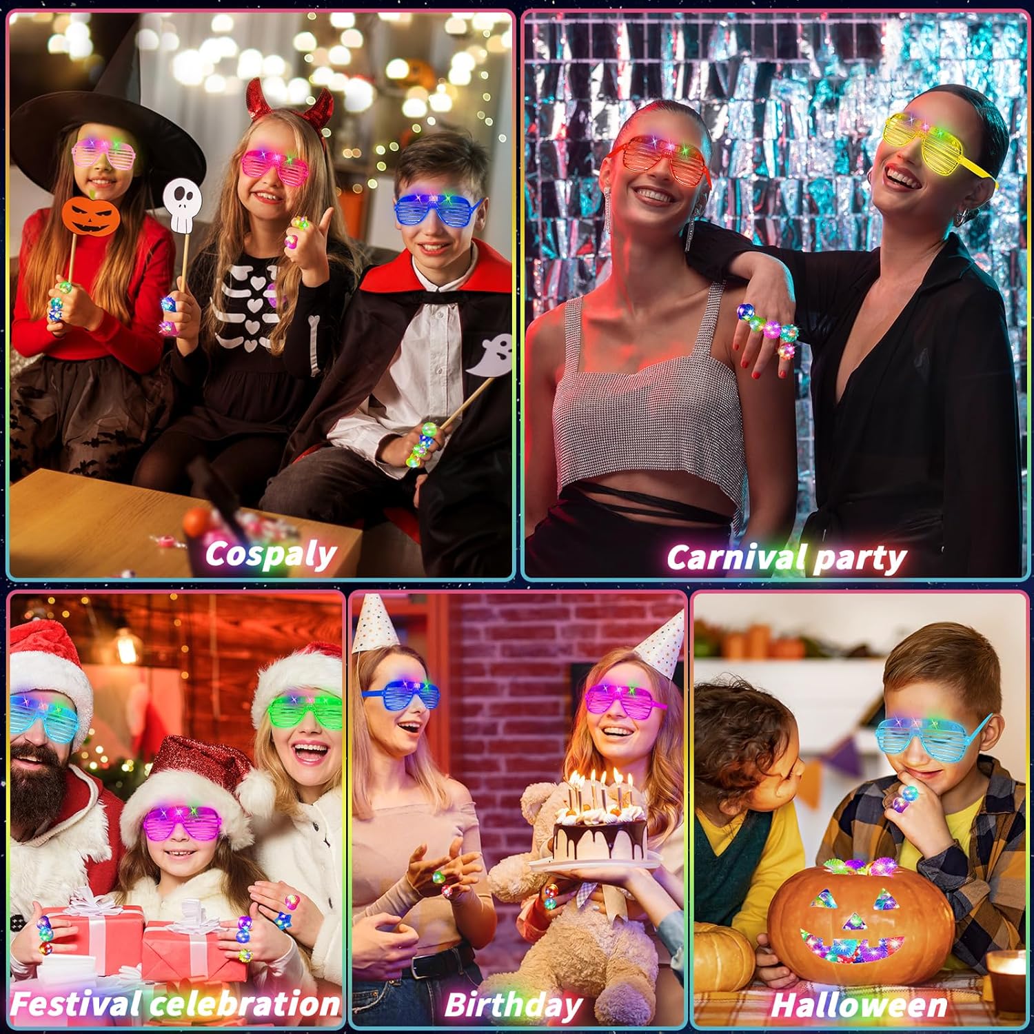 100 Pcs LED Light Up Party Favors Bulk Glow in the Dark Glasses Rings 10 Color LED Glow Glasses Neon Sunglasses 6 Style Finger Lights Flashing Ring for Birthday Wedding Neon Party Decor