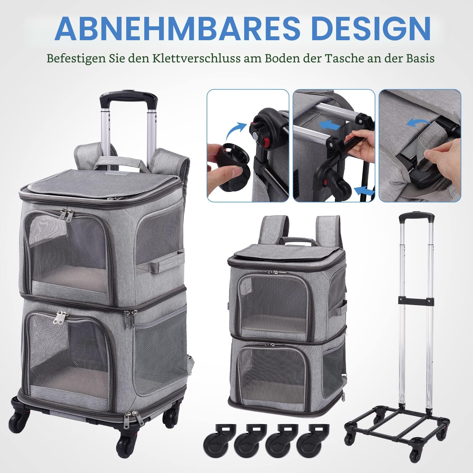 Katzentransportbox für 2 Katzen mit Rollen, transportboxen für 2 Katzen bis 12kg, Faltbarer Katzentransporttasche für 2 kleine Hunde/Kaninchen, Grau