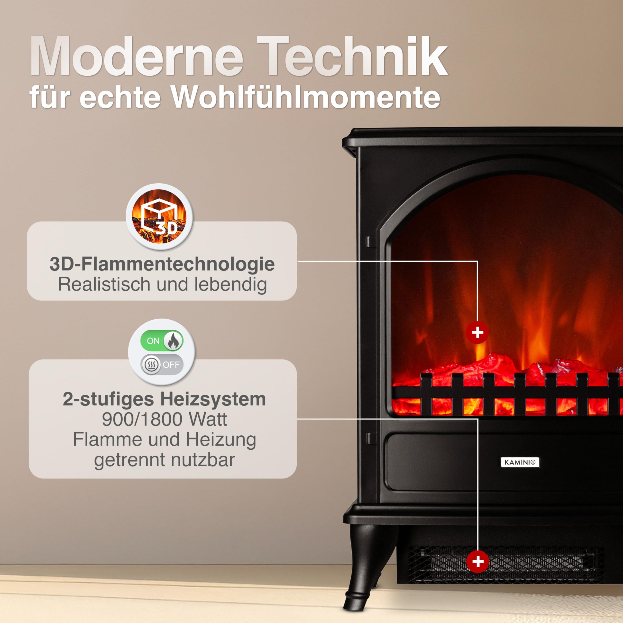 KAMINIO Elektrokamin Leni - Elektrischer Kaminofen mit Heizung, 3D-Flammeneffekt (Schwarz)