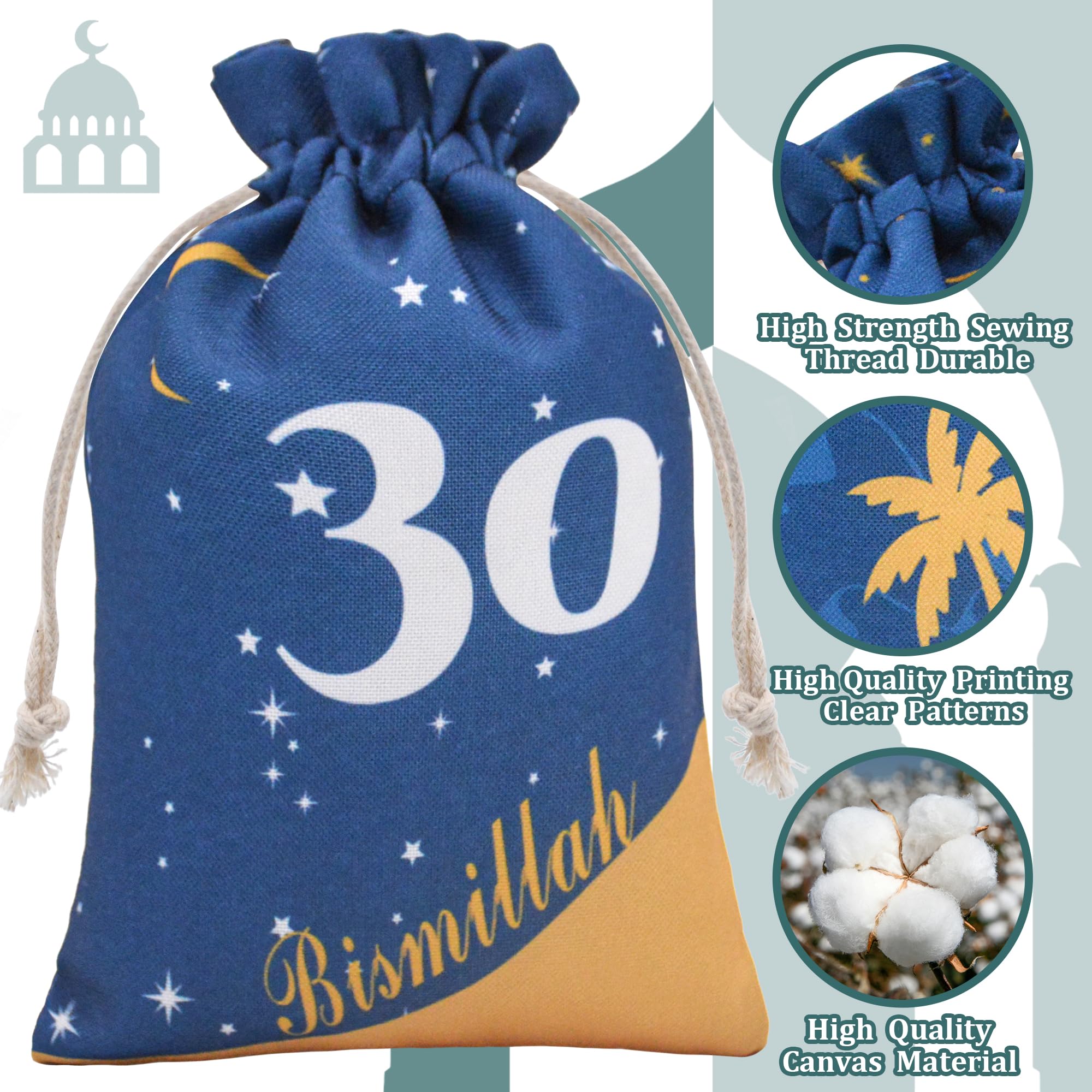 PaPIerDraCHeN Calendario del Ramadan Fai da Te da riempire - Sacchetti di Carta Kraft Stampati - 30 Sacchetti Regalo da Mettere su e Decorare - Eid Mubarak - Riutilizzabile