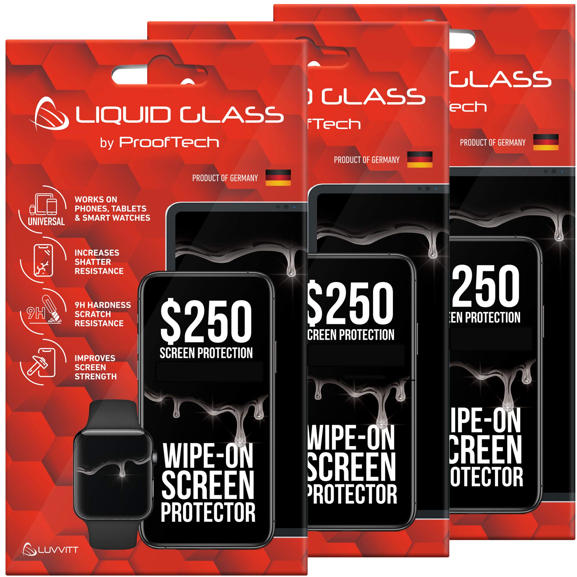 ProofTech3 Pack Liquid Glass Screen Protector with $250 Screen Protection (Each) for All Smartphones Tablets and Watches - Universal Fit