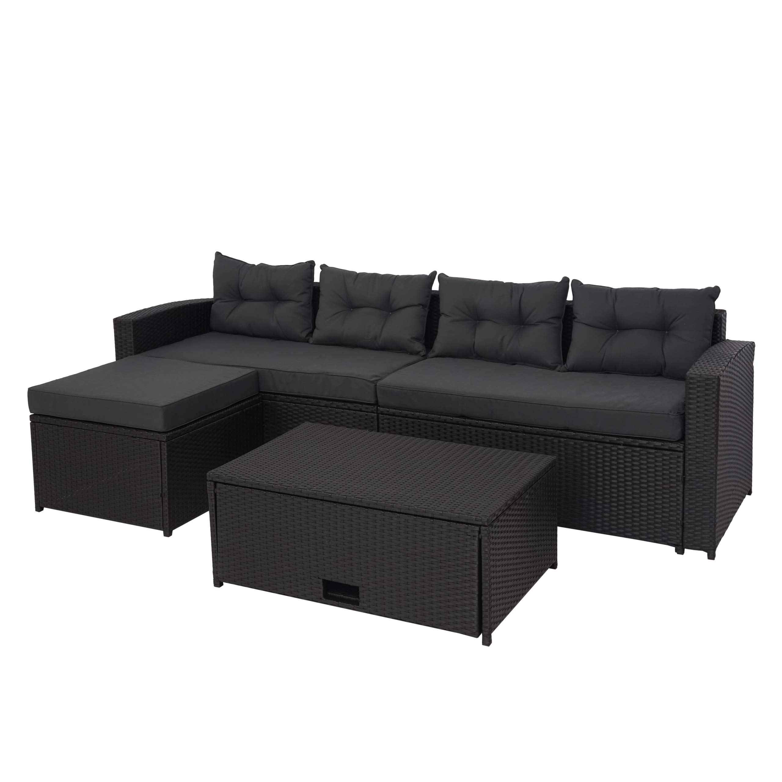 Mendler Zestaw polirattanowy HWC-J34, zestaw balkonowy/ogród/lounge zestaw mebli do siedzenia sofa, schowek – czarny, poduszka ciemnoszara