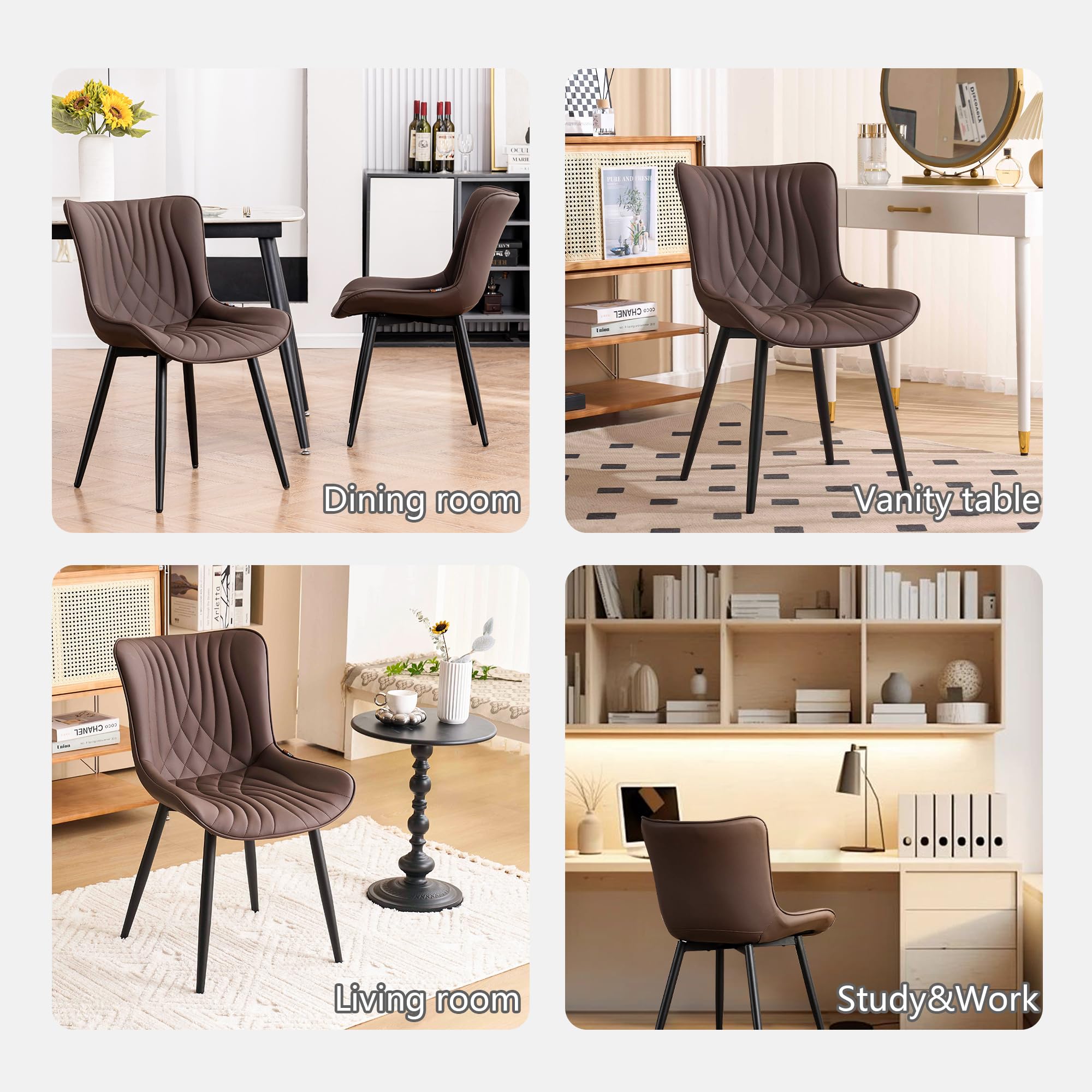 Kidol&Shellder - Juego de 2 sillas de comedor tapizadas de piel sintética moderna de mediados de siglo con respaldo, ergonómicas sin brazos y sillas de sala de estar con patas de metal 6