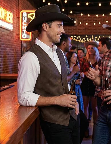 Miniatura 3 de COOFANDY Chaleco de Cuero de Ante para Hombre, Estilo Vaquero Occidental, Casual, Chaqueta de Traje de Corte Delgado