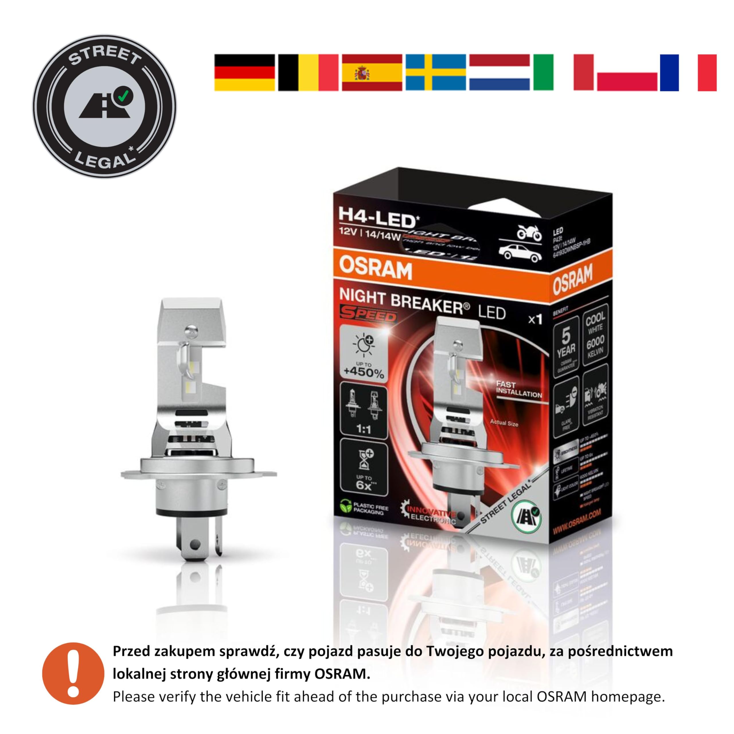 OSRAM NIGHT BREAKER LED SPEED H7 450 do motocykli, lampa LED do motocykli z homologacją drogową, do 450% większa jasność, 6000K, szybki montaż, nie wymaga akcesoriów mechanicznych, 1 lampa