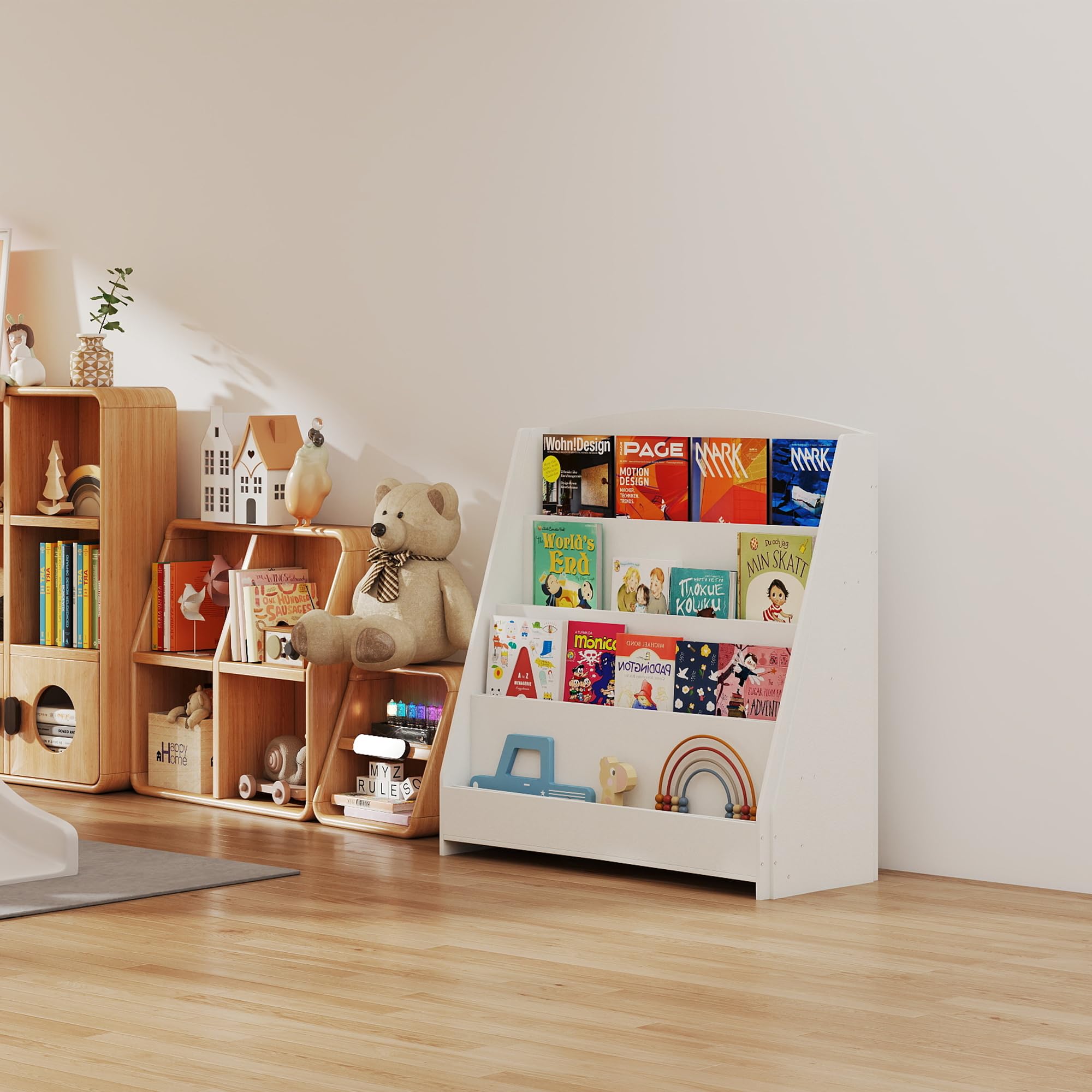 4-stöckiges Kinderbücherregal aus Holz mit 4 Einlegeböden, bücherregal Kinder für Kinderzimmer Kindergärten, 80 × 30 × 88 cm, Natur