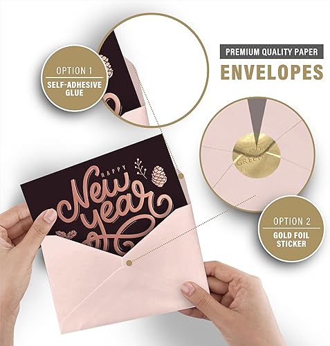 Miniatura 4 de 18 tarjetas de feliz año nuevo con sobres, diseños de color marrón oscuro con lámina y relieve de oro rosa, tarjetas de deseos de Año Nuevo de 7.25