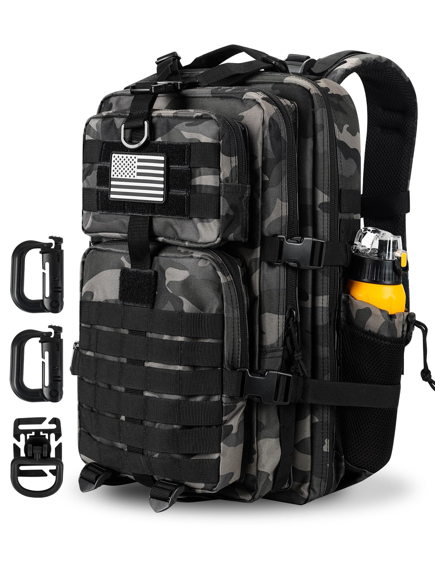 Hannibal Tactical 45L MOLLE Assault Pack, Tactical Backpack Military Army Camping Rucksack with Bottle Holder, 3-Day Pack Trip w/USA Flag Patch,