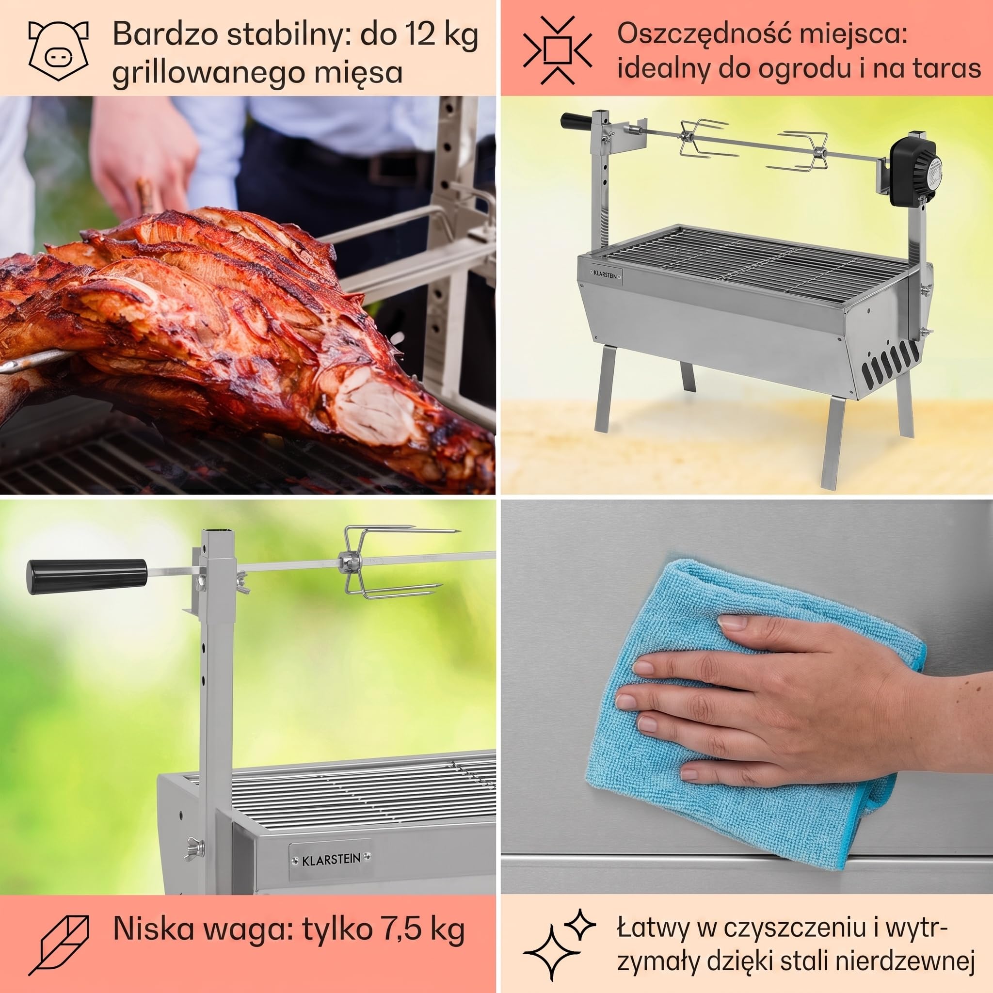 Klarstein Grill rożnowy 2w1 z silnikiem, Mini grill z rożnem, Elektryczny rożnowy do kurczaka i prosiaka, z rusztem ze stali nierdzewnej, węglowy na kółkach
