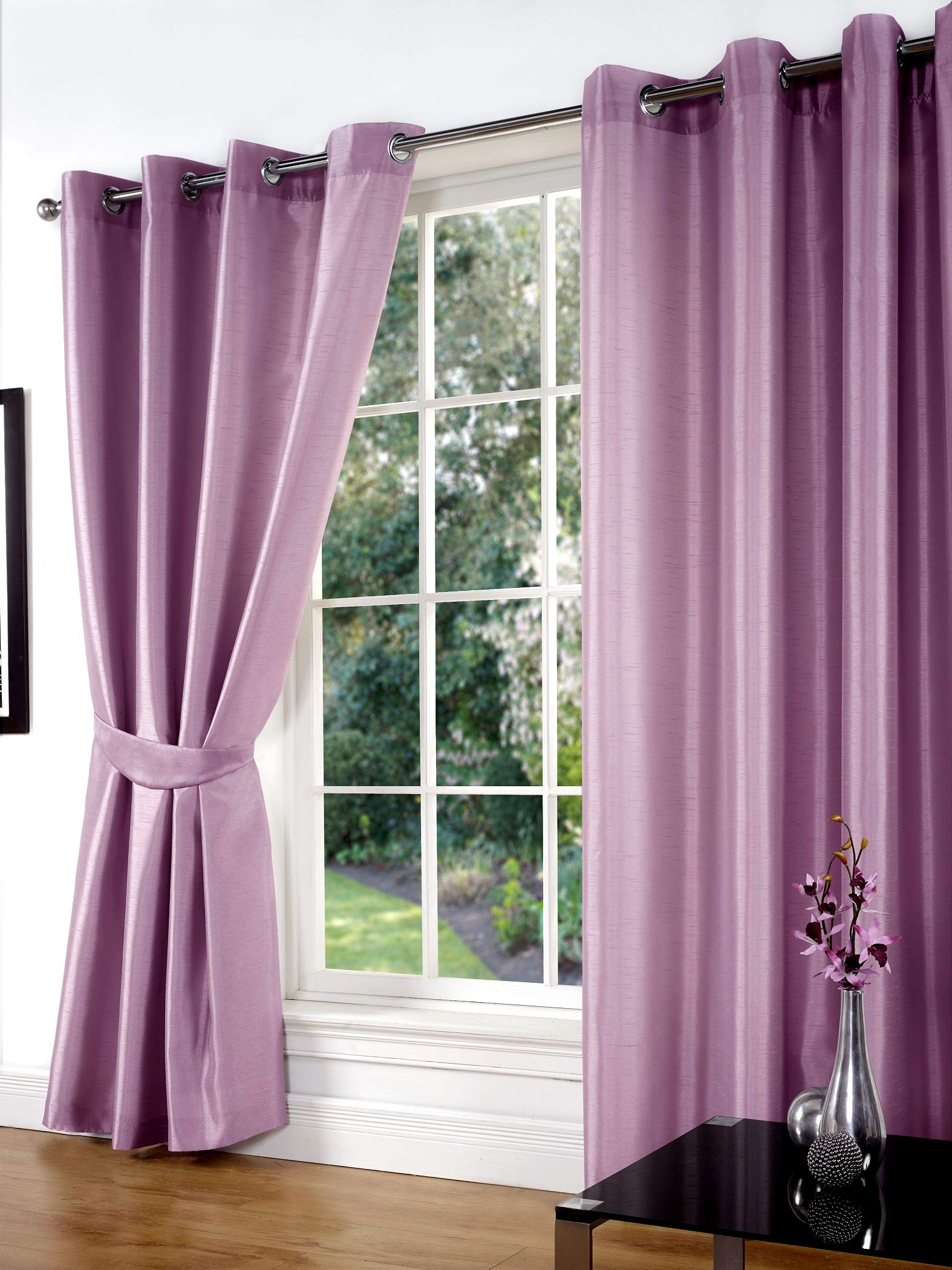 Littens 66" x 90" (168cm x 228cm) Luxury Mauve Faux Silk Slubb Effect Eyelet, Ring Top Pair Curtains, Lined Inc Tiebacks Lightweight