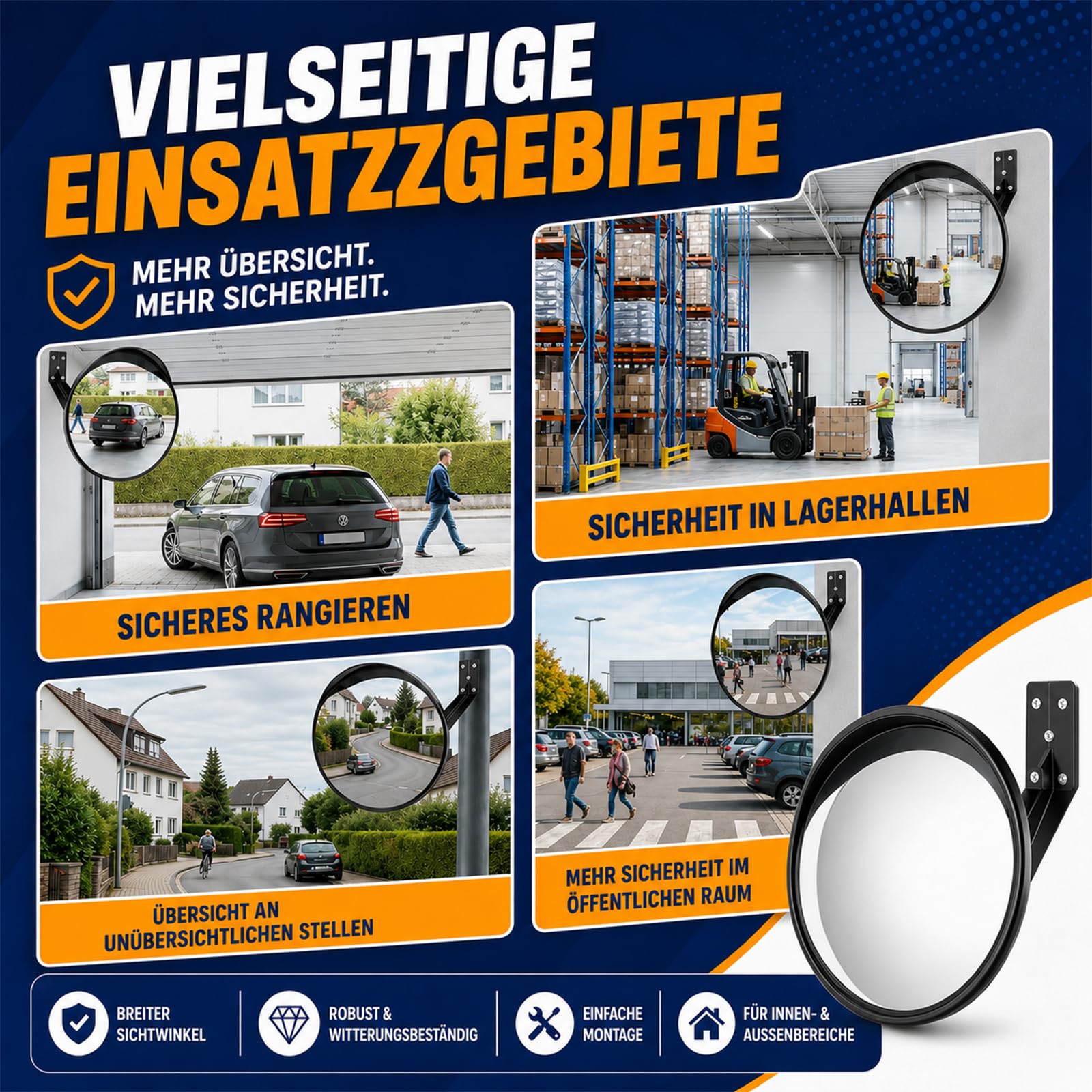 ovsor Verkehrsspiegel 𝟑𝟎 𝐜𝐦 Konvexspiegel mit ABS-Regenschutz – Professioneller Sicherheitsspiegel für Innen & Außen, Garage, Einfahrt, Lager – 130° Sichtfeld, 160° verstellbar, Acryl, wetterfest
