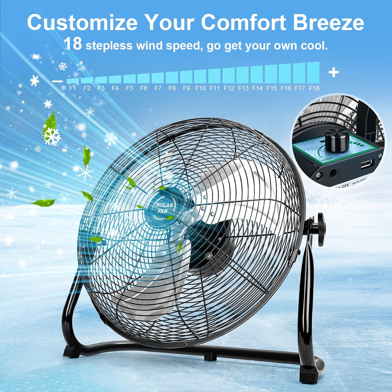 18" Solar Powered Fan for Outdoor - 26400mAh Rechargeable Battery Operated Outdoor Floor Fans with 40W Solar Panel for Gazebo Camping Home Patio (Black)