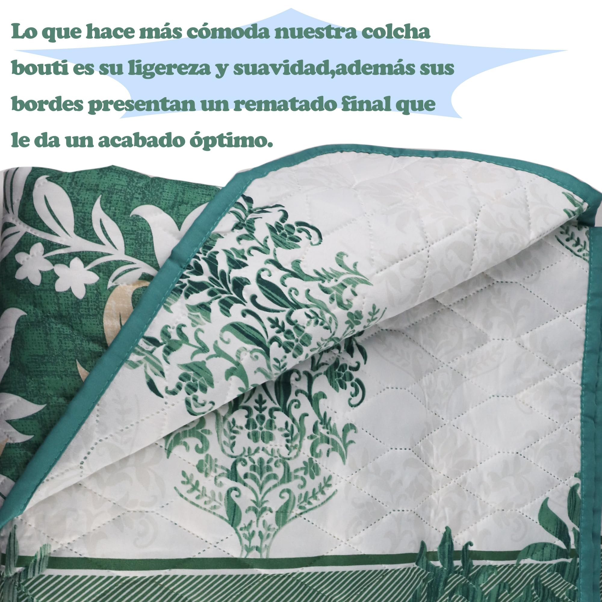 various - Colcha Bouti Estempada para Verano y Premivera,Reversible Color de Verde + 2 Funda Cojin 50x70 cm,Colcha Cubrecama Ligera Fina,Entretiempo 100% Poliéster. (Cama 135-230 x 260cm)
