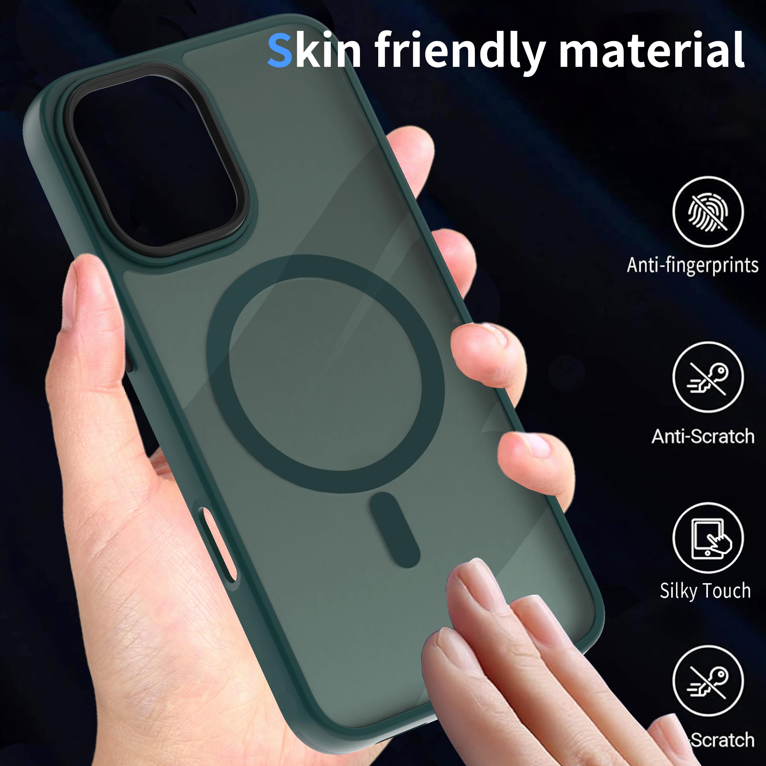 AOMYKE Cover Magnetica per iPhone 16, Custodia iPhone 16 Compatibile con MagSafe, Traslucida Opaca Posteriore Sottile PC+TPU Bumper Antiurto Case - Verde