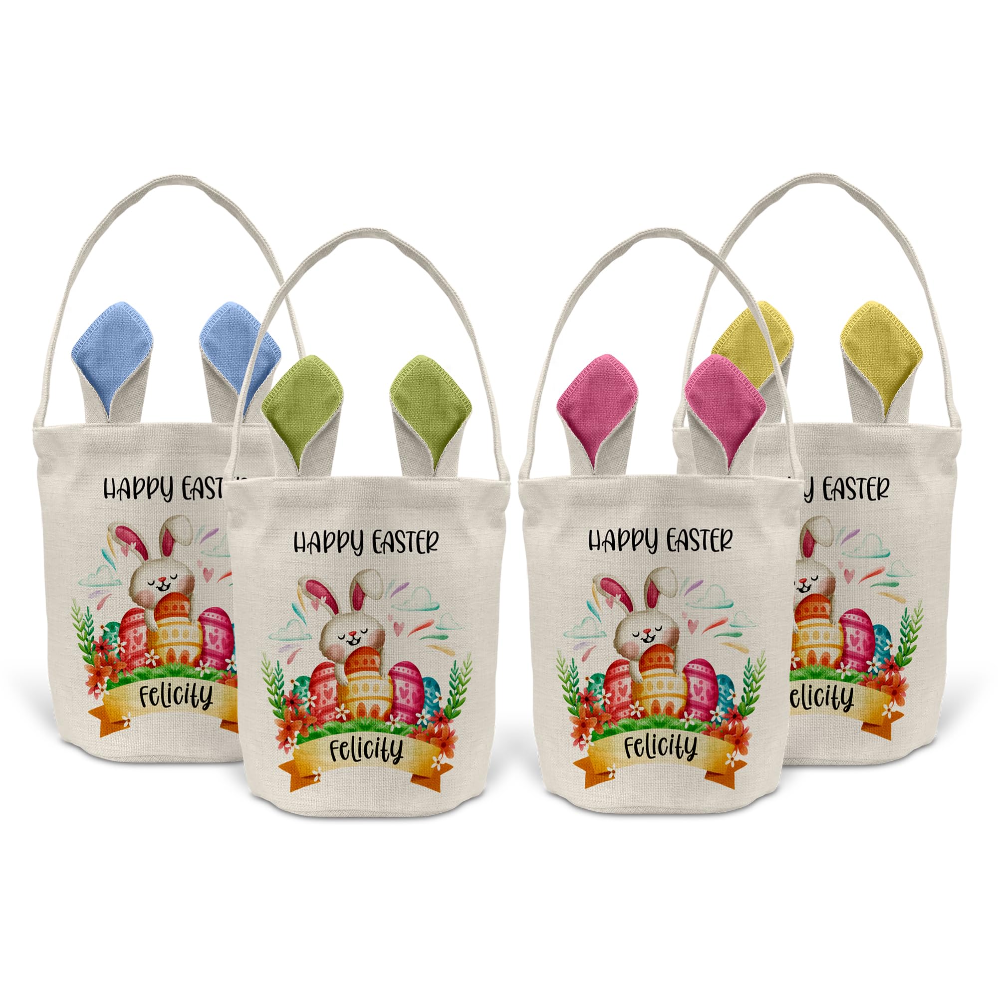 Blue Ears Print Maniacs Personalised Happy Easter Egg Hunt Basket Bucket Treat Sweets Chocolate Bunny Rabbit Treasure Party Gift Bag D1 Add Name (Blue Ears)