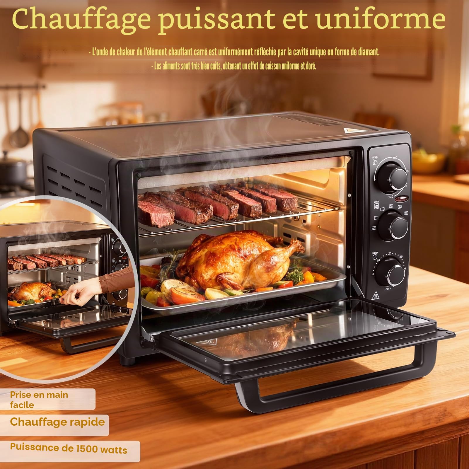 Mini Four Electrique 32L, Four Posable Cuisine, Four Convection Chaleur Tournante 1500W, Four Multifonction Rotisserie Tournebroche, Minuterie 60 Min, Temperature Reglable (Noir)