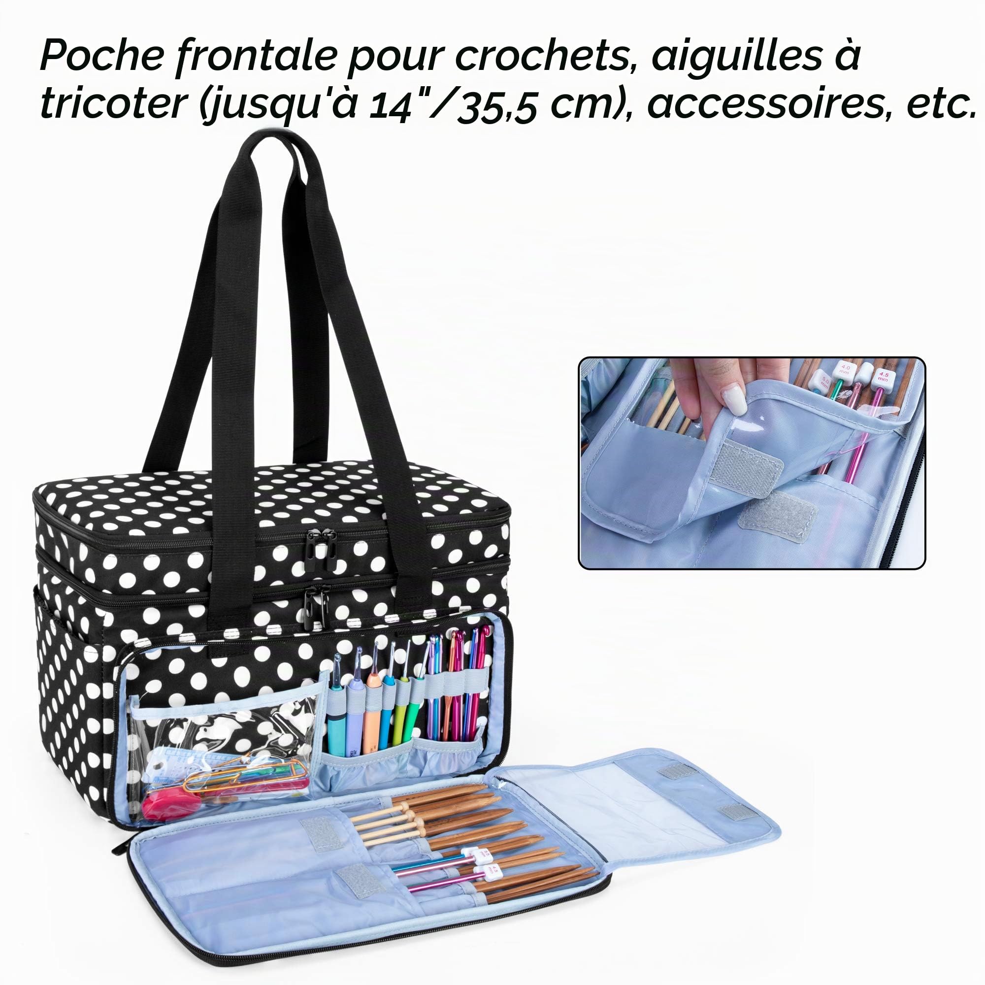 CURMIO Sac à Tricot Double Couche, Rangement pour Laine Crochets, Pois | Plusieurs Élastiques & Compartiments, 4 Œillets, Bandoulière, pour Aiguilles à Tricoter & Projets de Tricot, Sac Uniquement