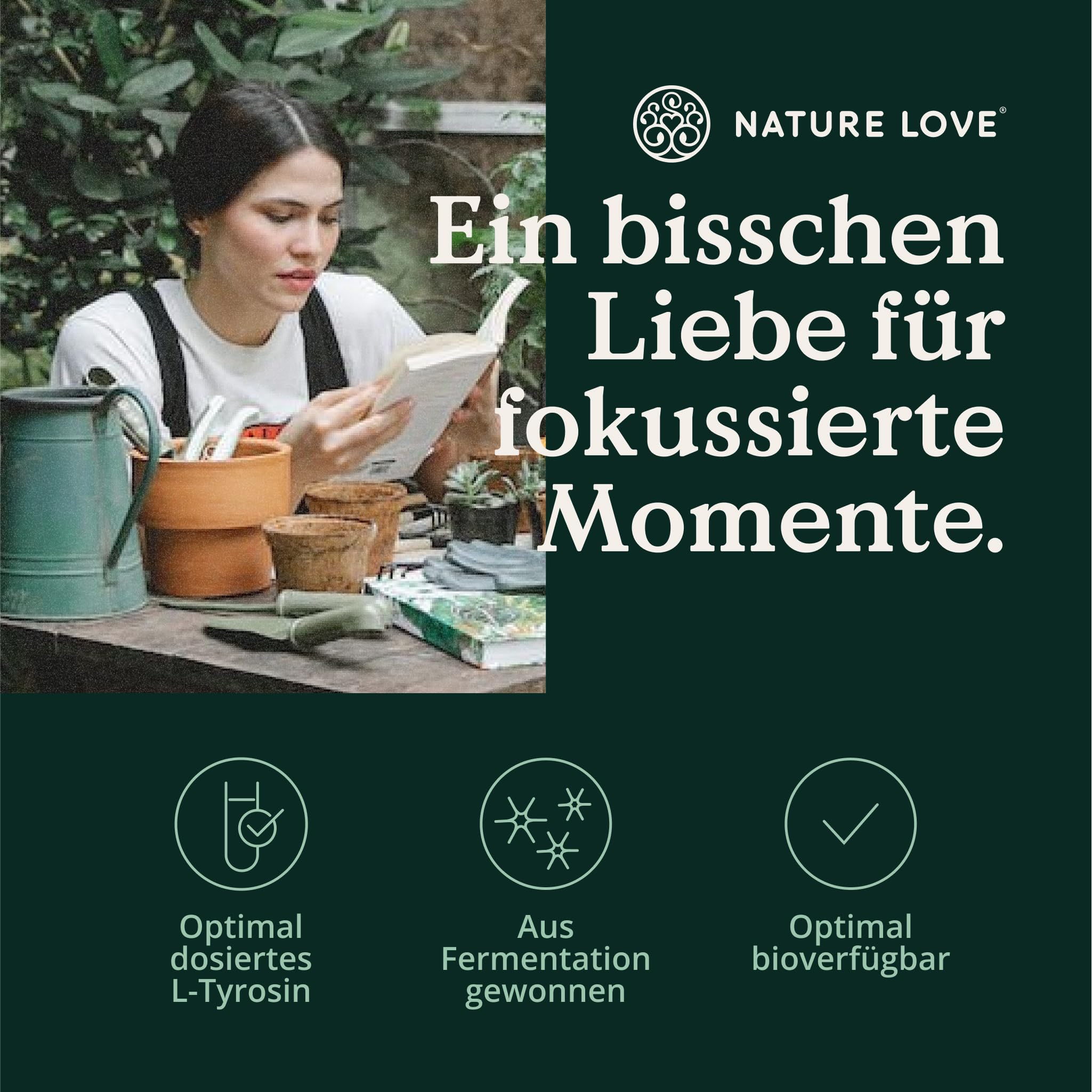 Nature Love L-Tyrosin 240 vegane Kapseln - 1000 mg pro Tagesdosis - 4 Monate Reichweite - aus Fermentation, laborgeprüft und in Deutschland produziert - ohne unerwünschte Zusätze