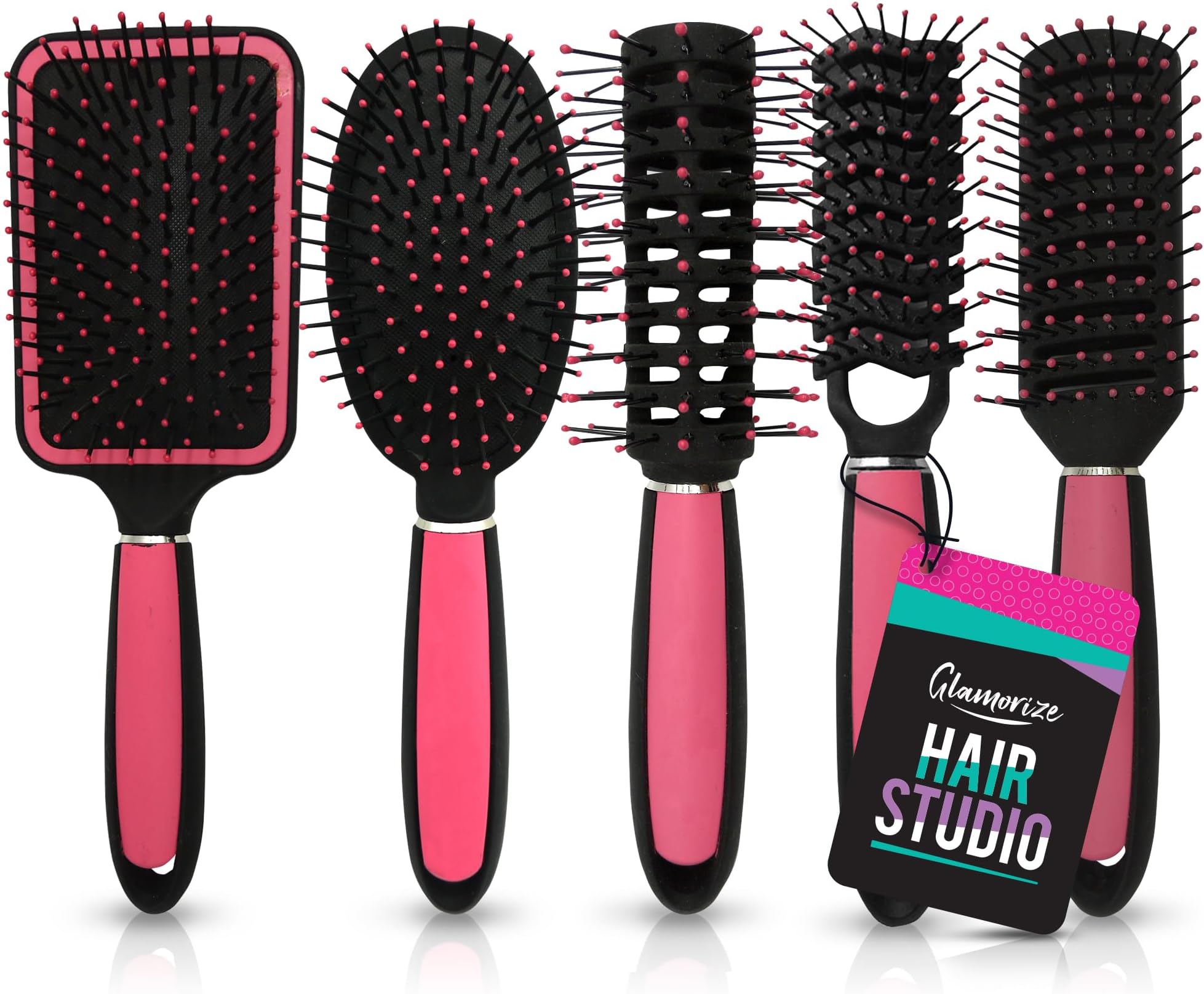 5pk Hair Brush Set | Includes a Paddle Brush, Cushion Brush, Zig Zag Brush, Round Brush and Vented Brush | Silky Smooth Pink Hair Brushes | Includes Notebook