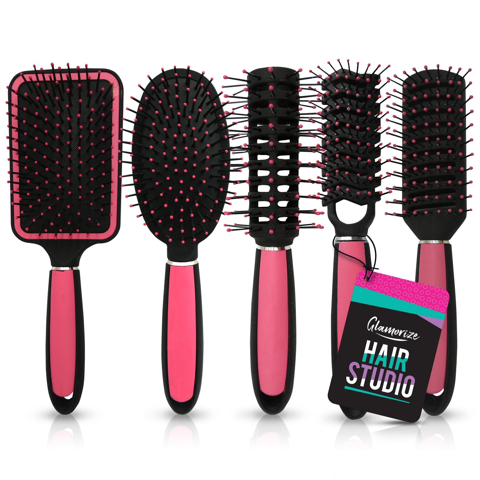 SOL 5pk Hair Brush Set - Hairbrushes for Women - Paddle, Cushion, ZigZag, Round & Vented Brushes - Soft Bristles for Detangling, Styling & Scalp Massage - Ideal for All Hair Types at Home or On-the-Go