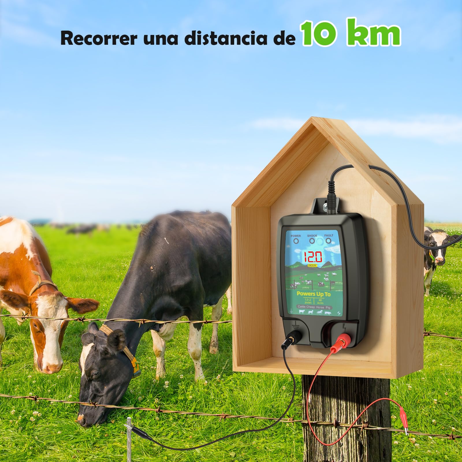 Valla eléctrica de 10 km de alta potencia para animales, electrificador 2J profesional con pantalla LCD, sistema impermeable resistente para granja, jardín y pasto