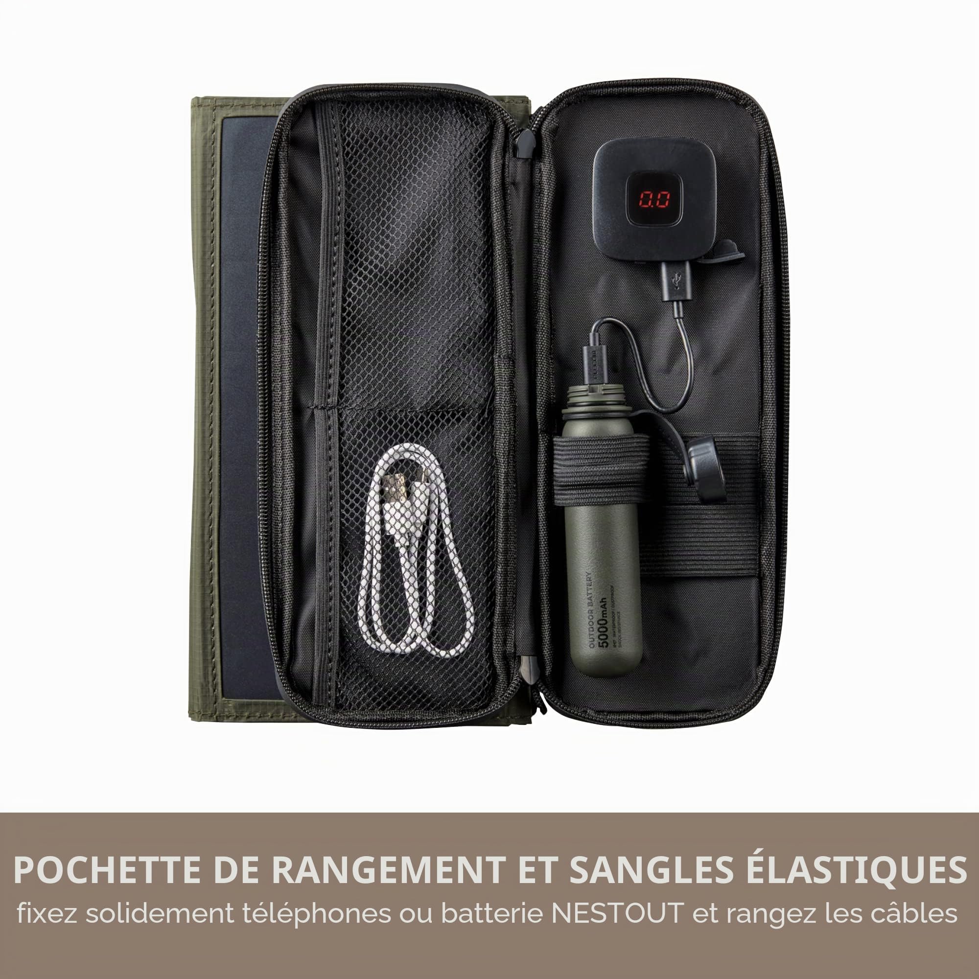 ELECOM NESTOUT Panneau Solaire Portable, Double Ports USB-A, Chargeur de génération d'énergie 28 W pour téléphone Camping, Nylon indéchirable Durable, résistant à l'eau, Pliable, léger, Supports