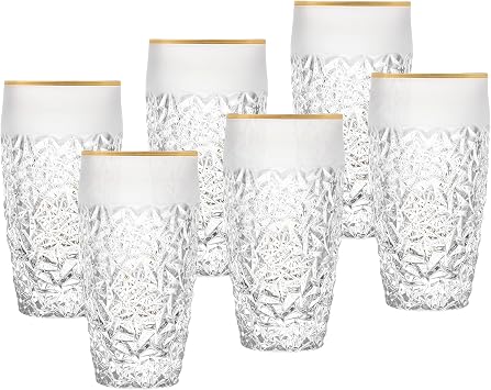 Barski - European Quality Glass - Crystal - Set of 6 - Highball - Hiball Tumblers - 16 oz. - Raindrop Design with Frosted Border and Gold Rim on Tumbler - Glasses are Made in Europe
