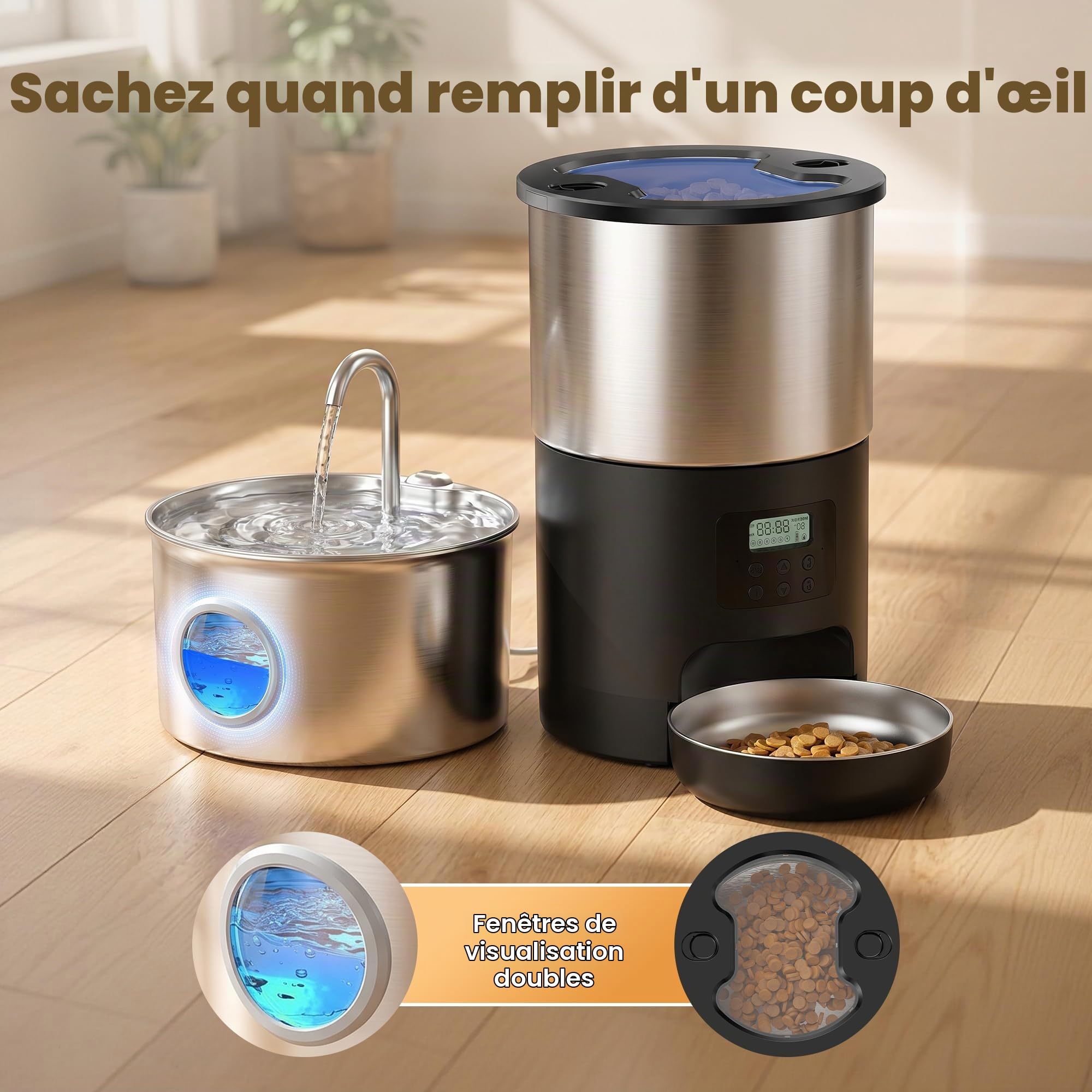 Fontaine a Eau Chat et Distributeur Croquettes: INOX 2.2L Fontaine à Eau pour Chat et 5L Distributeur Croquettes Chat Automatique - Mangeoire de Nourriture Animaux avec Minuterie Programmable 4 Repas