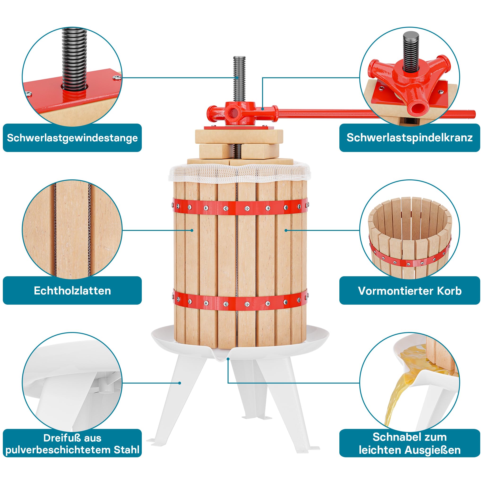 Wiltec Set 18L Obstpresse aus Buchenholz inkl. Presstuch und Obstmühle mit 7L Trichter, Zur Herstellung von Saft Wein und Maische