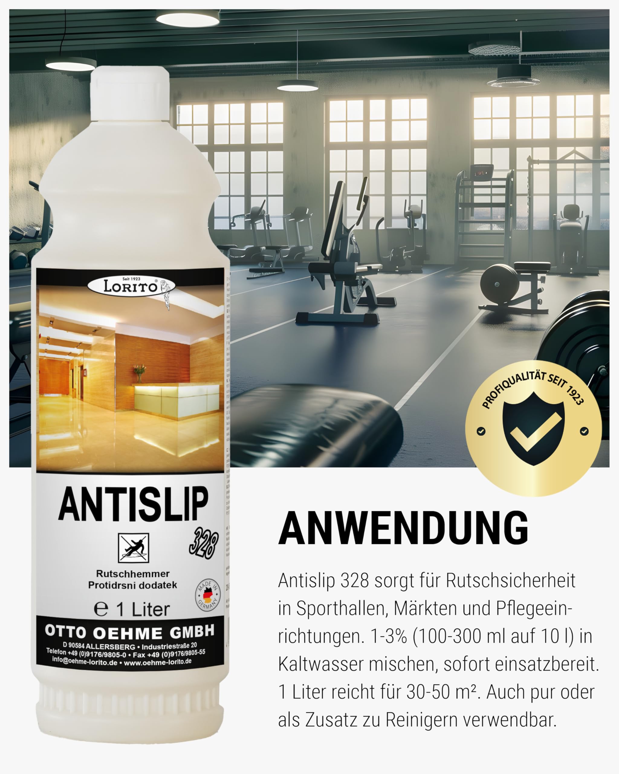 Lorito Antislip Rutschhemmer 328 3 x 1L - Anti-Rutsch-Flüssigkeit für Fliesen, Laminat, Parkett, Marmor, Granit, Sporthallen, Sportböden, PVC, Gummi, Linoleum & Polyolefin