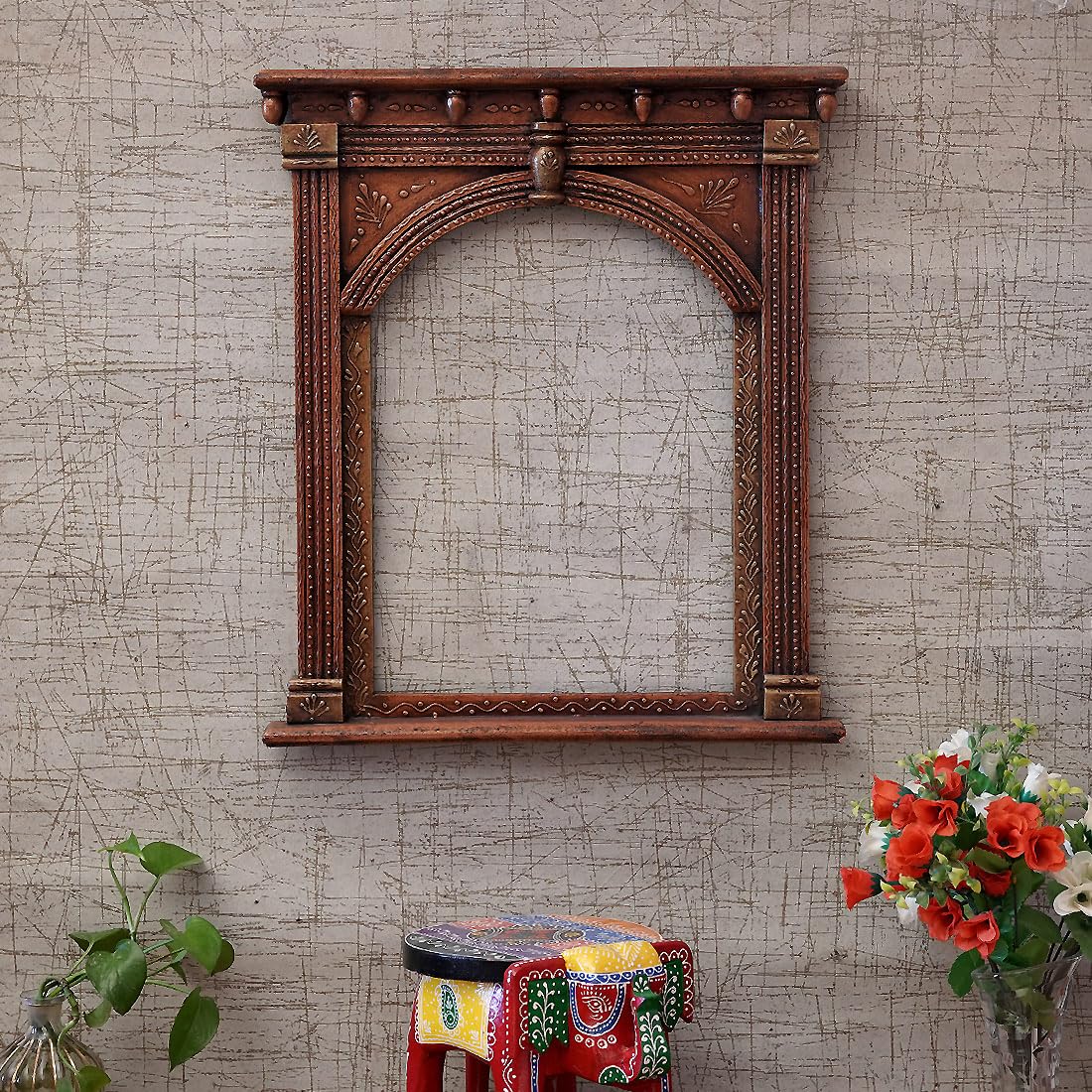 DESERT ART Wooden Handpainted Decorative Wall Hanging 18 * 21 Frame Jharokha | Wall Mount Rectangular Wall Mirror | Ideal for Home Decor, Drawing Room, Bedroom | Copper-image-37