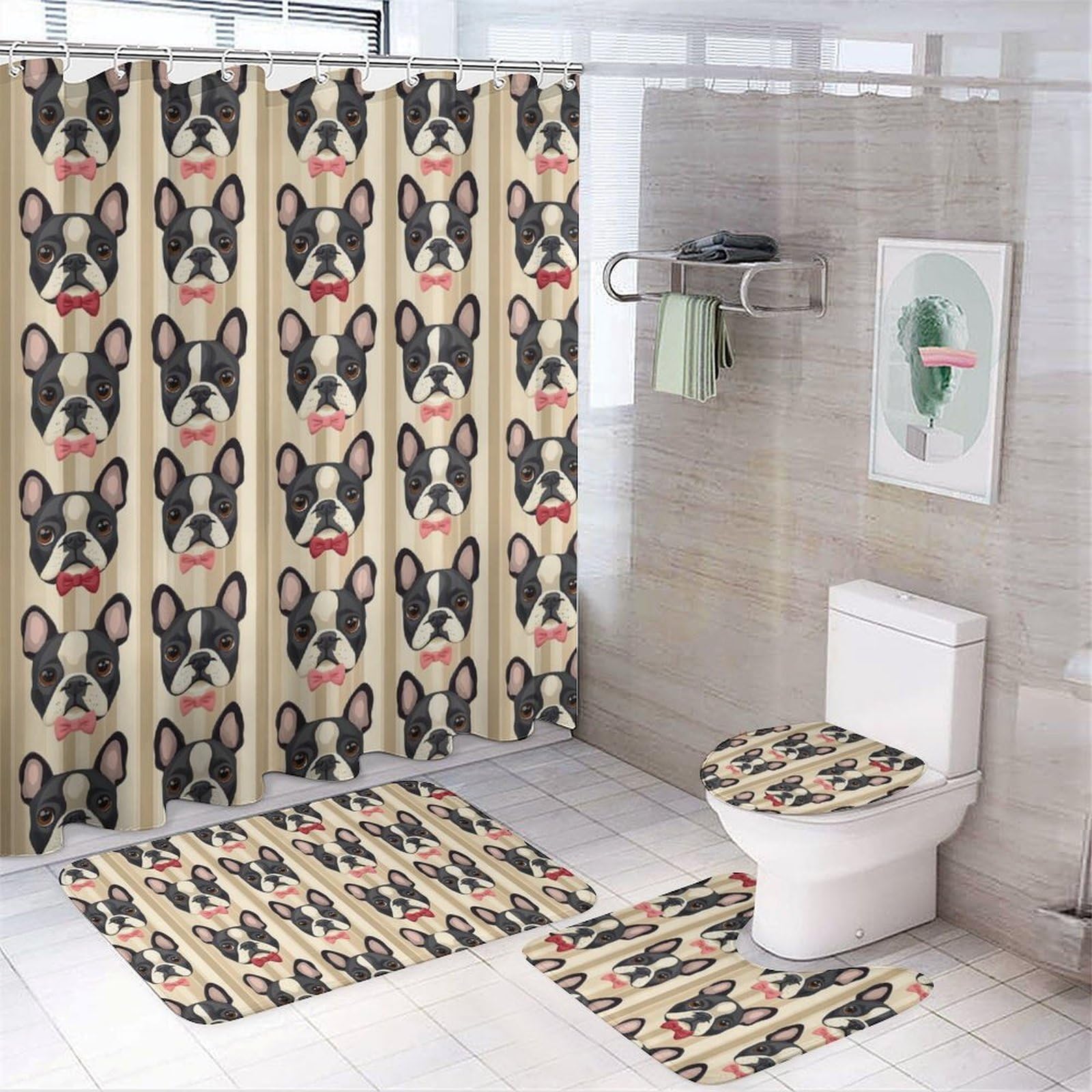 Juego de baño de perro de 4 piezas con cortina de ducha, alfombra en U y ganchos