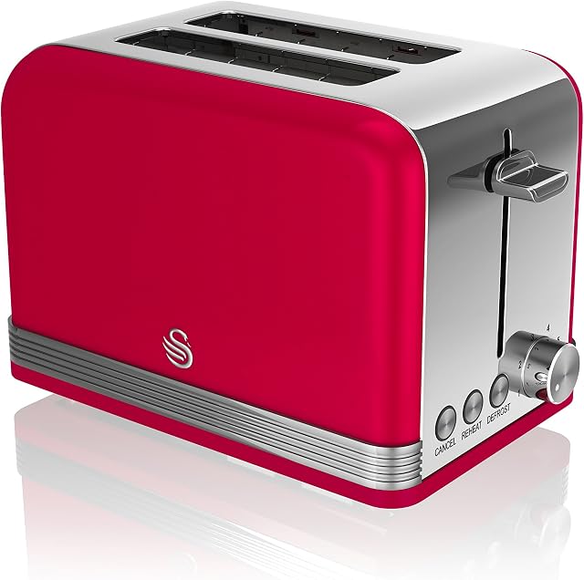Swan 2 Slice Retro Toaster, Red, Defrost, Cancel and Reheat Functions, Slide Out Crumb Tray, ST19010RN