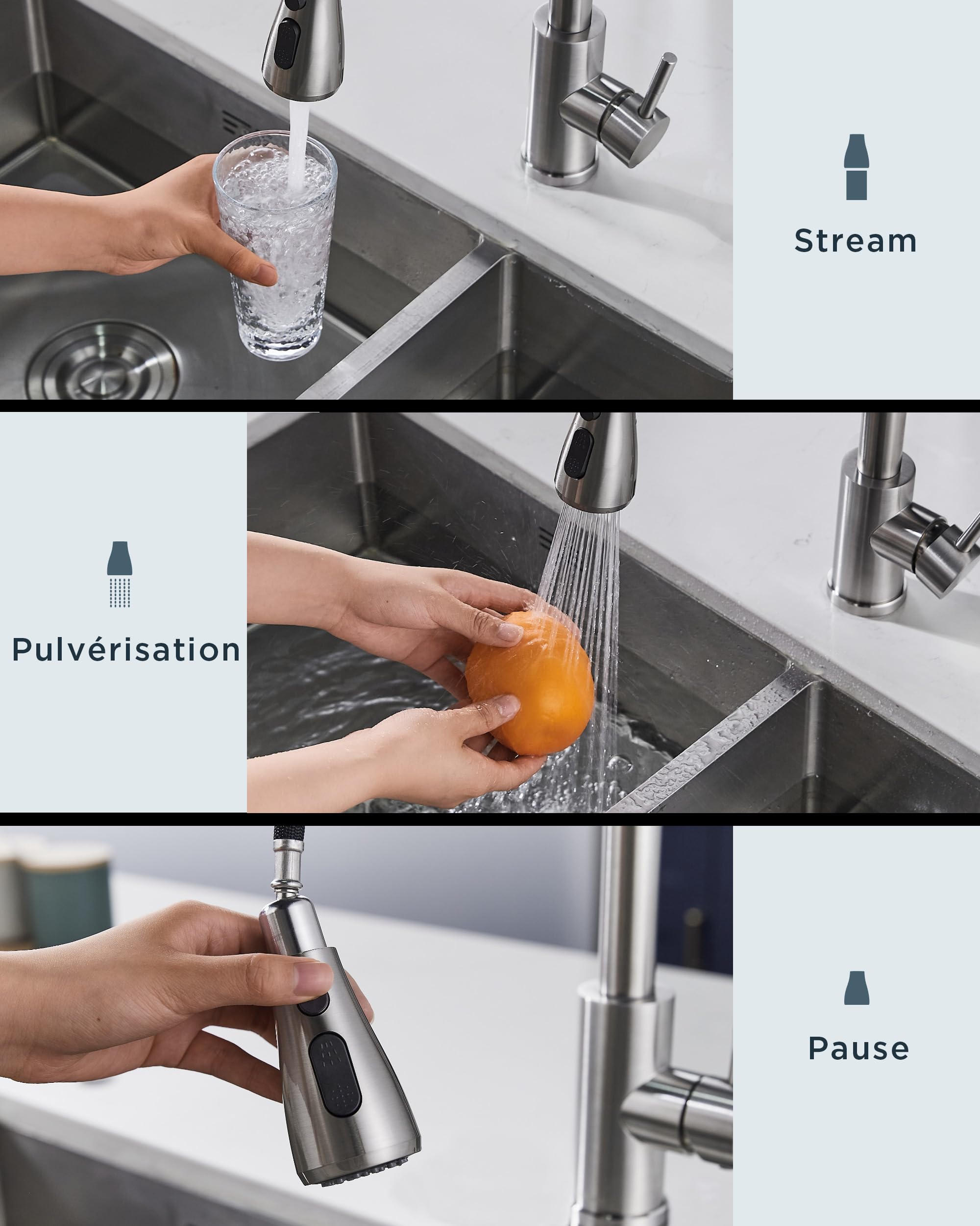 FORIOUS Robinet Cuisine, Mitigeur Cuisine, Pivotant à 360° d'Évier à Arc Élevé Pulvérisateur Escamotable 2 Modes, Acier Inoxydable