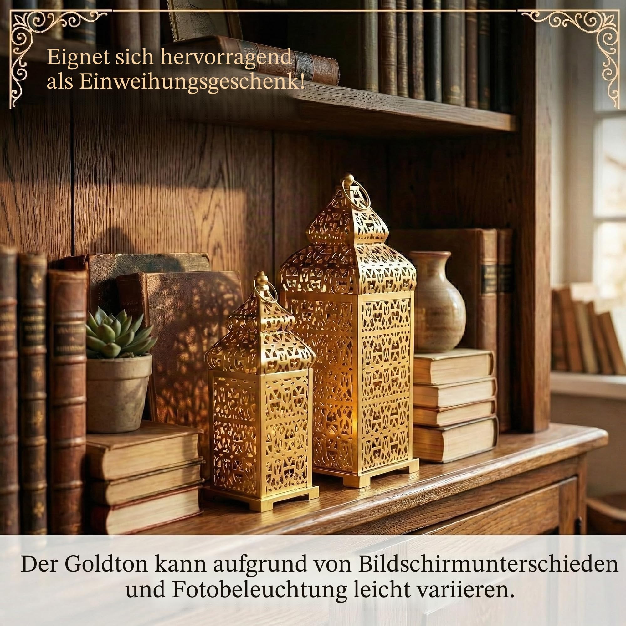 VELA LANTERNS Große goldene Tempel marokkanische Laterne Lampe Dekorative Kerzenhalter für Ramadan-Dekorationen, Hängen, Außenterrasse oder Veranda, Inneneinrichtung, Gold, 2 Stück