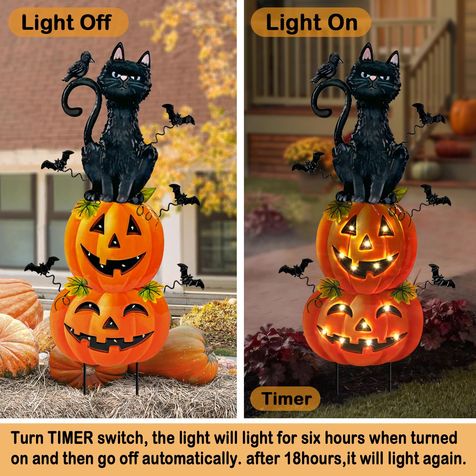 Decorazioni di Halloween all'aperto, gatto nero in metallo a batteria con pipistrelli di zucca illuminato timer per esterni, spaventoso Halloween Yard Art per patio, cortile, prato, interno