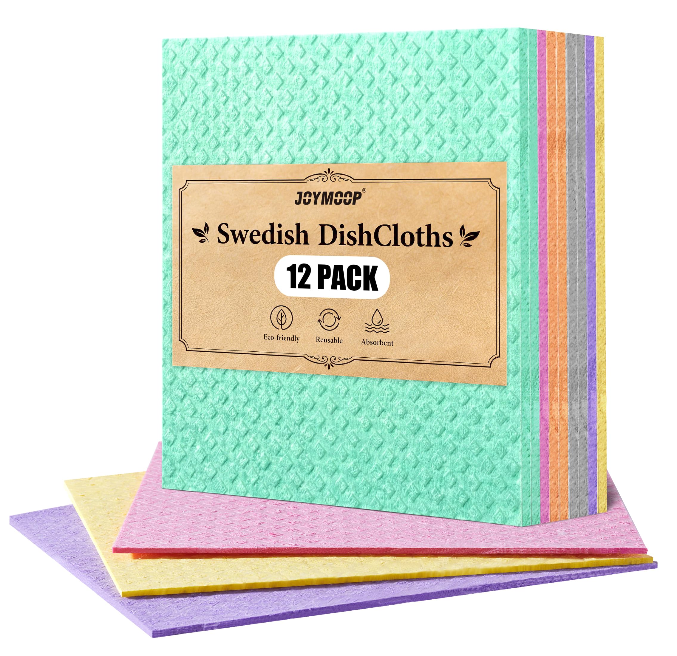 JOYMOOP Swedish Dishcloths, Reusable Cellulose Kitchen Cloths, Multicolor, 8 x 7 inches, 12 Pack, Diamond Pattern, Super Absorbent, Quick Dry, Odor Resistant, Lint Free