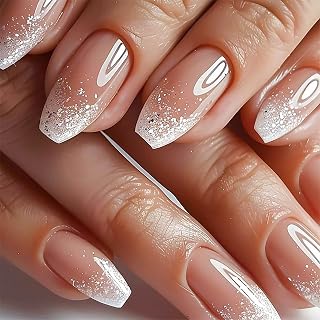 Press on Nails Medium Coffin Fake Nails White Ombre French Tip False Nails with Glitter Designs Ballet Shaped Glue on Nail Glossy Full Cover Acrylic Nails Natural Stick on Nail for Women