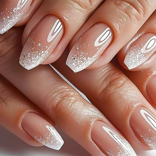 Press on Nails Medium Coffin Fake Nails White Ombre French