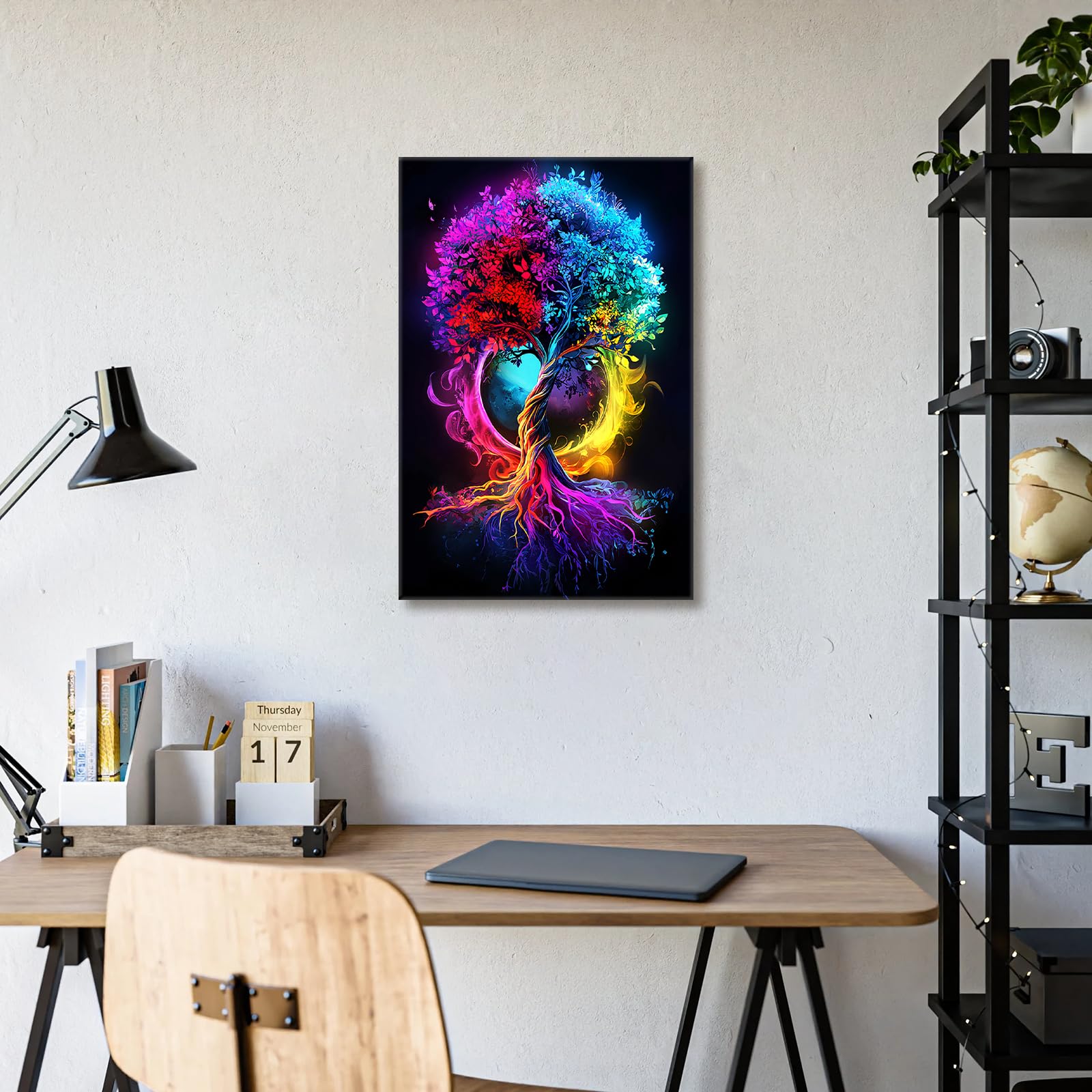 Wooden Framed Canvas Wall Art Red Blue and Yellow Tree of Life Painting on Canvas Prints Poster Abstract Fantasy Fortune Tree Pictures for Living Room Bedroom Home Hallway Corridor Wall Decor 40x60cm - Image 4