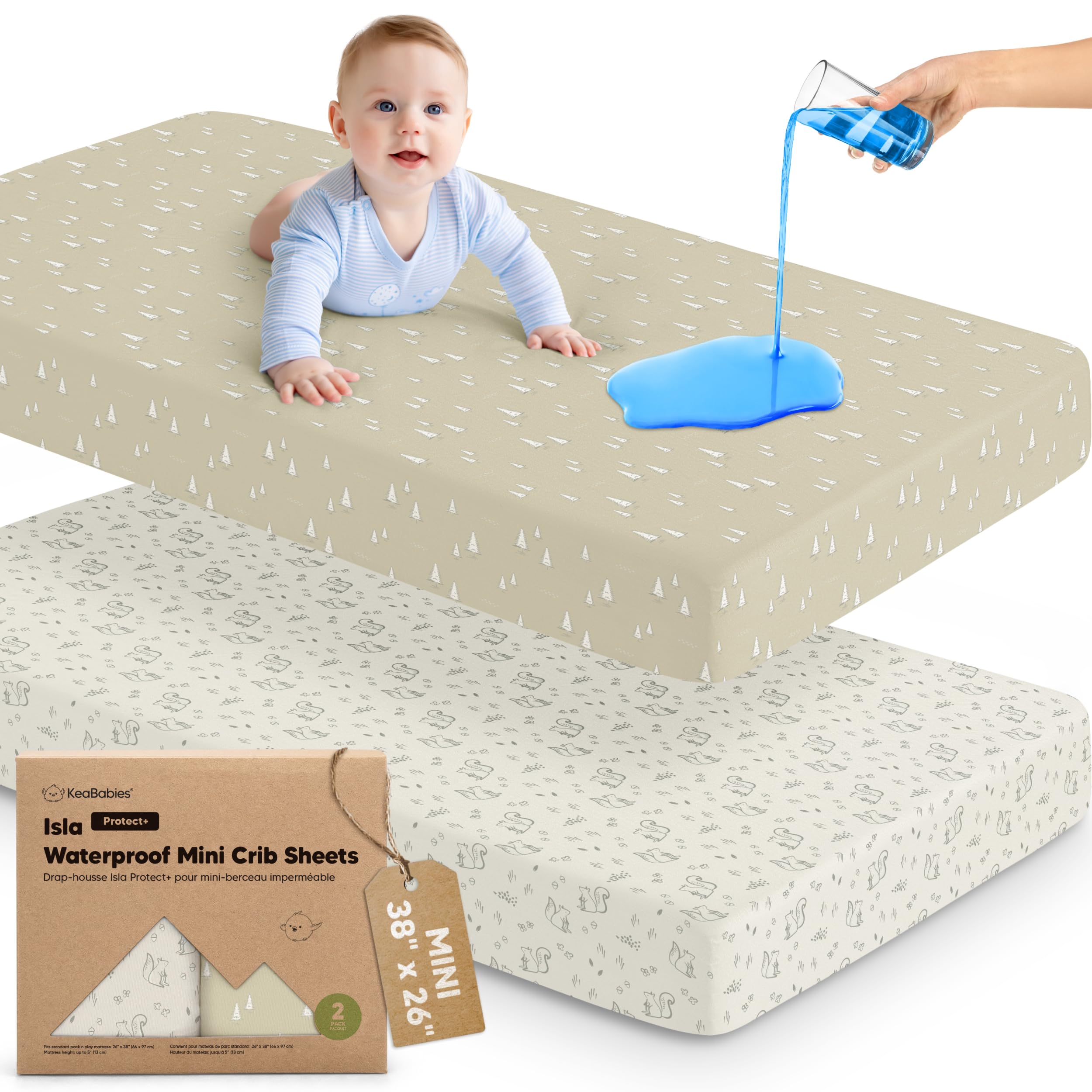 Photo 1 of 2-Pack Waterproof Pack and Play Sheets, Mini Crib Sheets Fitted for Boy, Girl - 38 x 26 Viscose from Bamboo Pack N Play Mattress Sheets for Graco, Toddler Playard Baby Crib Sheets Neutral(Pine Grove)