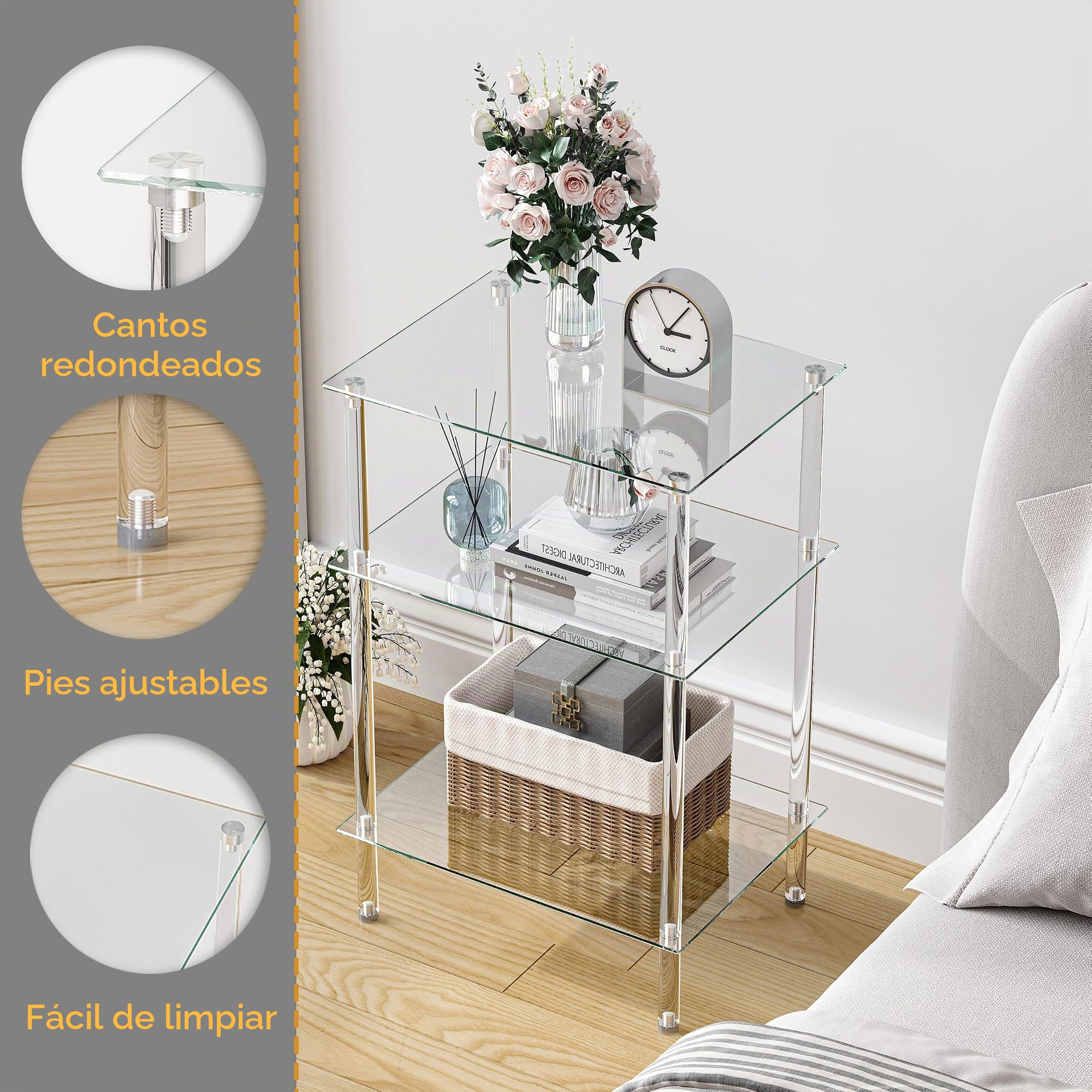 Mesa de Centro Cuadrada Mesa de Cristal Transparente con 3 Niveles Mesas Auxiliares para Salon y Dormitorio Diseño Elegante LET519TR
