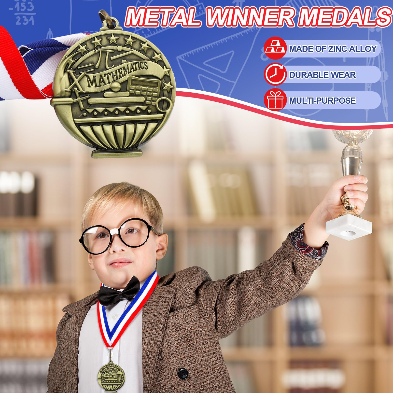 12 medallas de premio de matemáticas a granel de 2 pulgadas con cintas para el cuello, ganador de bronce dorado, premio de metal de matemáticas, premio de premio de matemáticas para