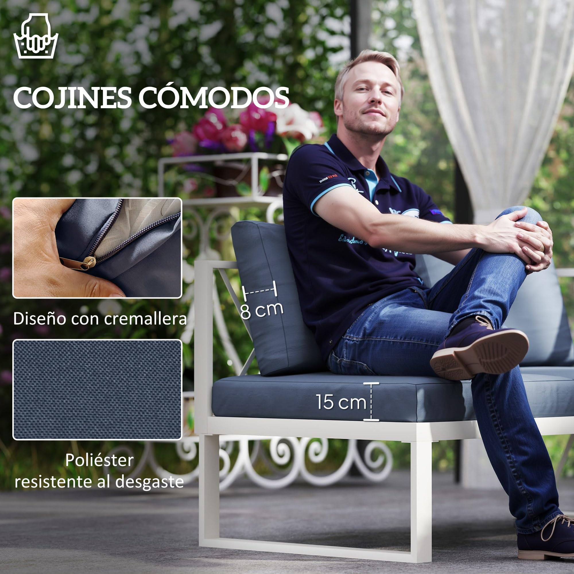Outsunny Conjunto de Muebles Jardín Exterior de 4 Piezas Sofá Exterior Seccional Forma de L con 2 Sofás de 2 Plazas Sofá de Esquina con Asiento Ajustable y Mesa Centro de DPC con Cojines Beige y Gris