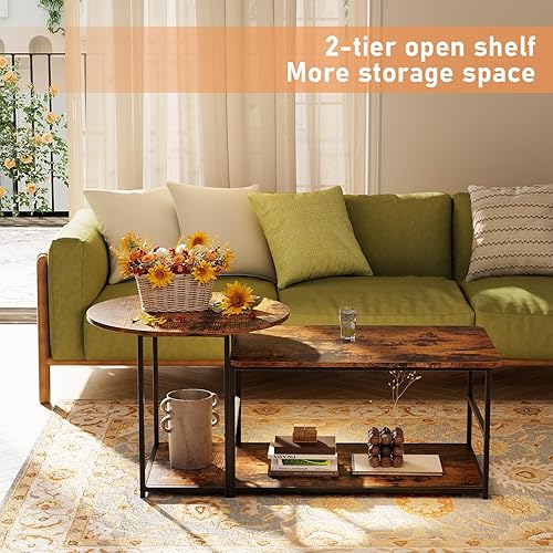 Miniatura 7 de WOHOMO Mesa auxiliar, mesa de centro moderna de mediados de siglo para sala de estar, mesa central rústica de granja 2 en 1, juego de mesa anidable