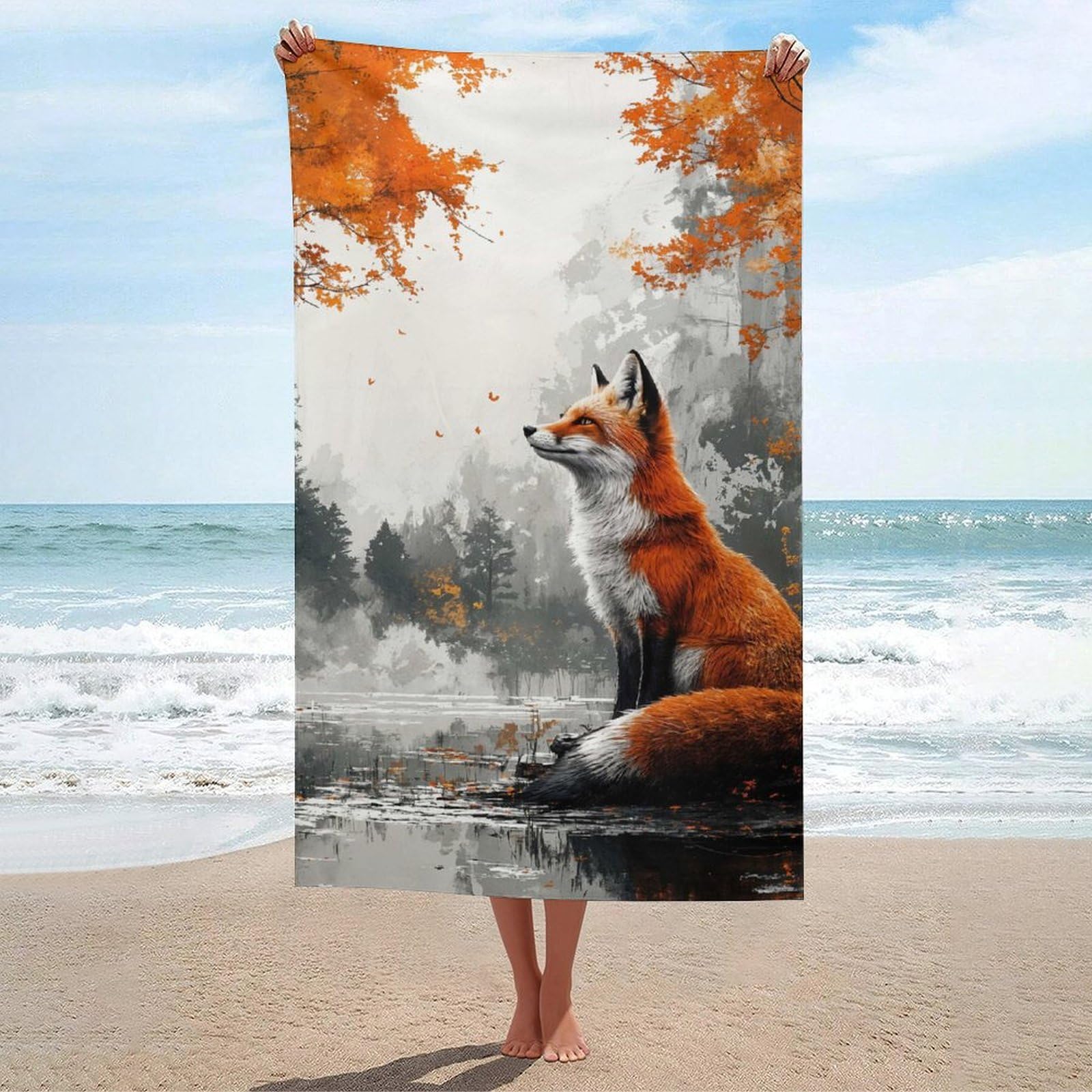 Serviette de plage pour voyages et bronzage imprimé renard d'automne